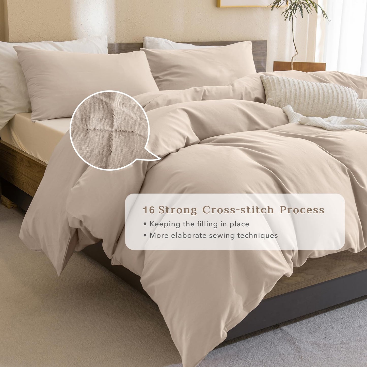 CozyTide King Size Comforter Set,Washed Cotton Boho Bedding Comforter Set Soft Lightweight Fluffy Aesthetic Bedding Set 3 Pieces(1 Beige Khaki Comforter and 2 Pillowcases)