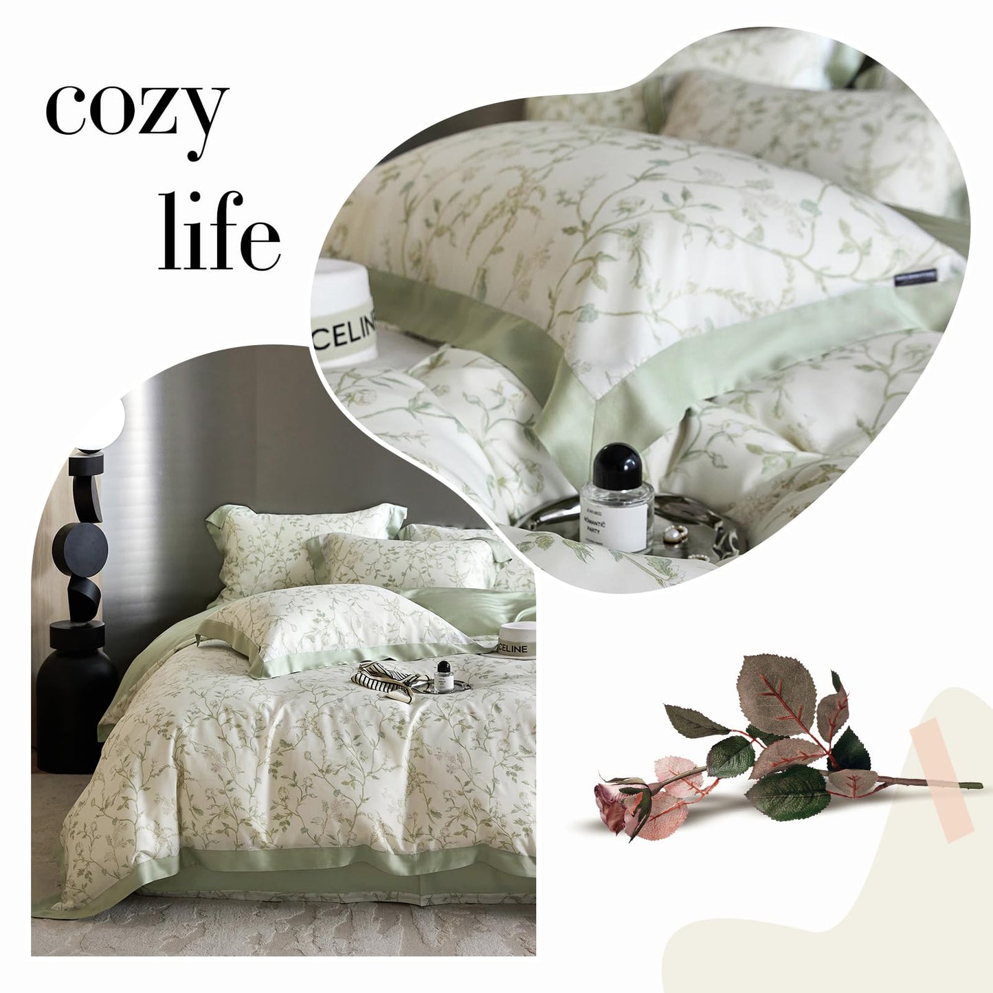 VM VOUGEMARKET Lyocell Duvet Cover Set Queen with Green Floral Pattern,Silk-Like Smooth & Cool Comforter Cover Set with Corner Ties-Queen,Mint Green