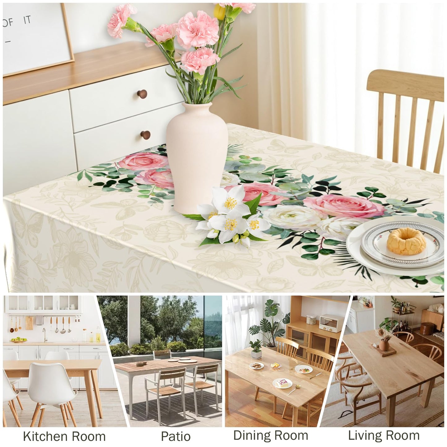 Kwlegh Spring Summer Tablecloth 60x84 Inch Rectangular Pink White Rose Flower Table Cover Green Eucalyptus Leaves Reusable Washable Tablecloths for Dining Decor Party Picnic Indoor Outdoor