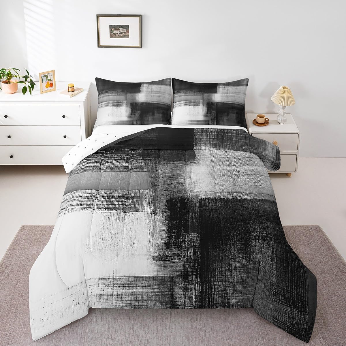 Feelyou Gray Abstract Art Comforter Set for Kids Boys Girls Modern Art Bedding Set Queen Size Abstract Oil Painting Duvet Quilt Geometric Bedroom Decor Breathable Soft Lightweight Microfiber 3Pcs