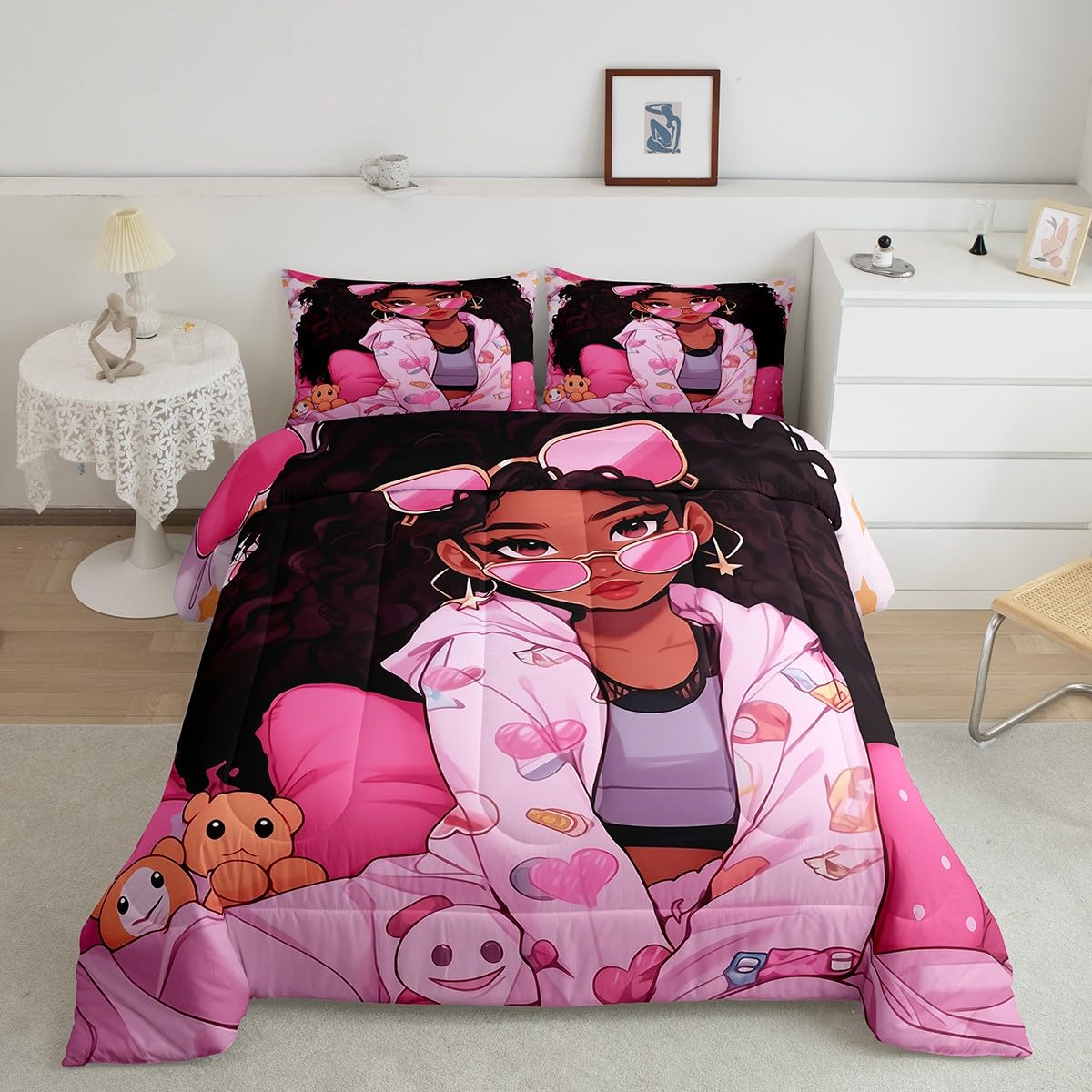 Black Little Girl Kids Comforter Set Full Size,Cartoon Bears Love Heart Dots Bedding Set,Girls Women Room Decor,Afro American Style Girls Down Comforter,Pink Princess Duvet Insert,2 Pillowcases