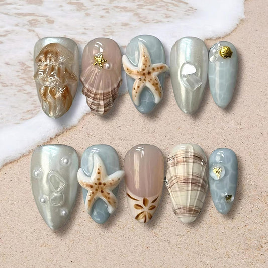 3D Ocean Press on Nails, Medium Almond Beach Fake Nails with Starfish, Jellyfish, Shell, Pearl Designs, Glossy Summer Reusable False Nails with Glue Tabs - 30Pcs Nail Kit for Women