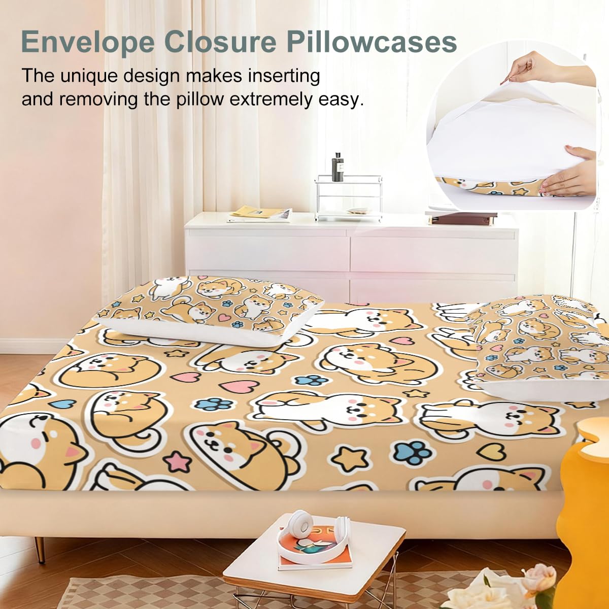 ARIGHTEX Cute Shiba Inu Fitted Sheet Set Twin Size, 3 Pieces Kawaii Dog Bedding for Pet Lover Gift, Cartoon Shiba Puppy Microfiber Deep Pocket Bed Sheets with 2 Pillowcases (No Flat Sheet)