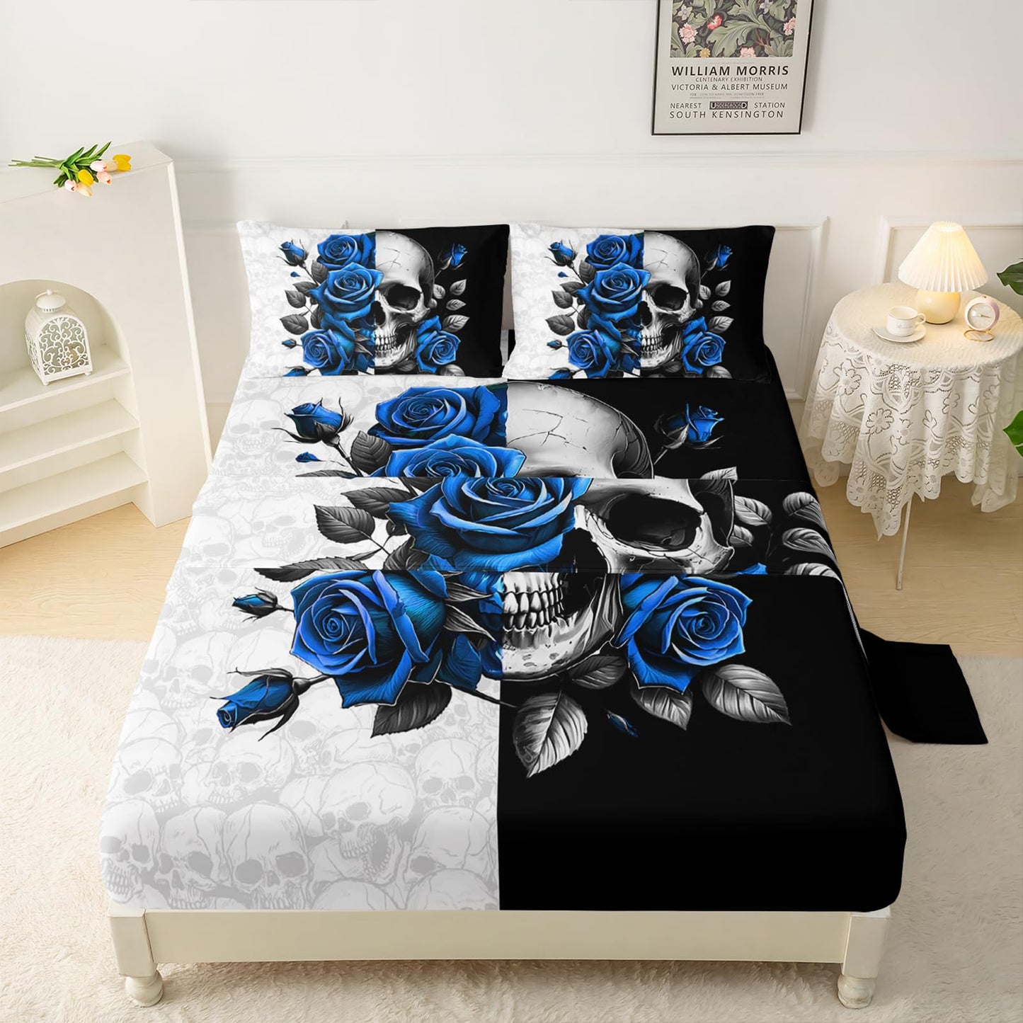 QOOMO Sugar Skull Kids Bed Sheets Twin Size,Blue Roses Print Bedding Sheet Set,4Pcs Skeleton Deep Pocket Bed Sets with 1 Fitted Sheet 1 Flat Sheet 2 Pillowcases for Boys Girls Teens