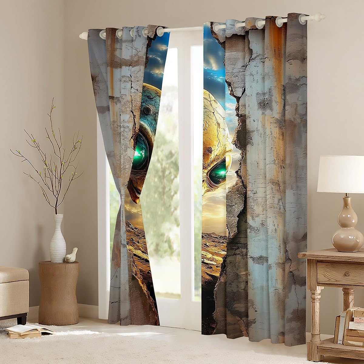 Feelyou Kids Alien Printed Curtains,Outer Space Alien Window Curtains for Bedroom Living Room,3D Alien Window Drapes,Space Alien Blackout Curtains, 42W X 84L,2 Panels