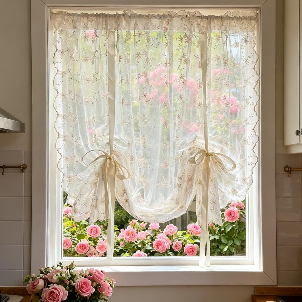 Beige Romantic Little Floral Woven Lace Tie Up Balloon Curtain for Kitchen