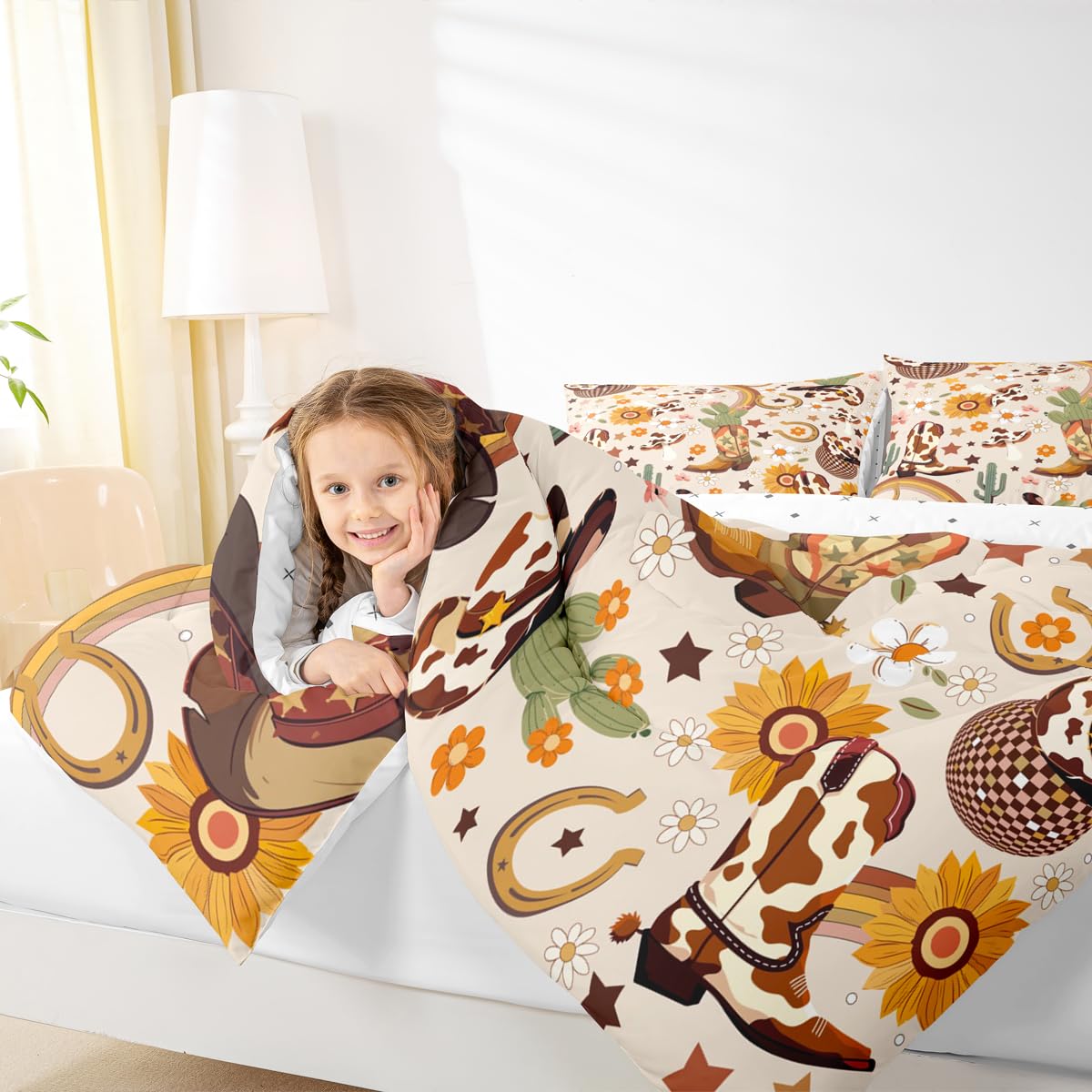 Feelyou Western Bedding Set Soft for Boys Girls, Cowgirl Floral Comforter Set Full Size Western Cowboy Boots Duvet Quilt Wild West Cactus Flower Bedroom Decor Light Beige 3 Pcs with 2 Pillow Cases