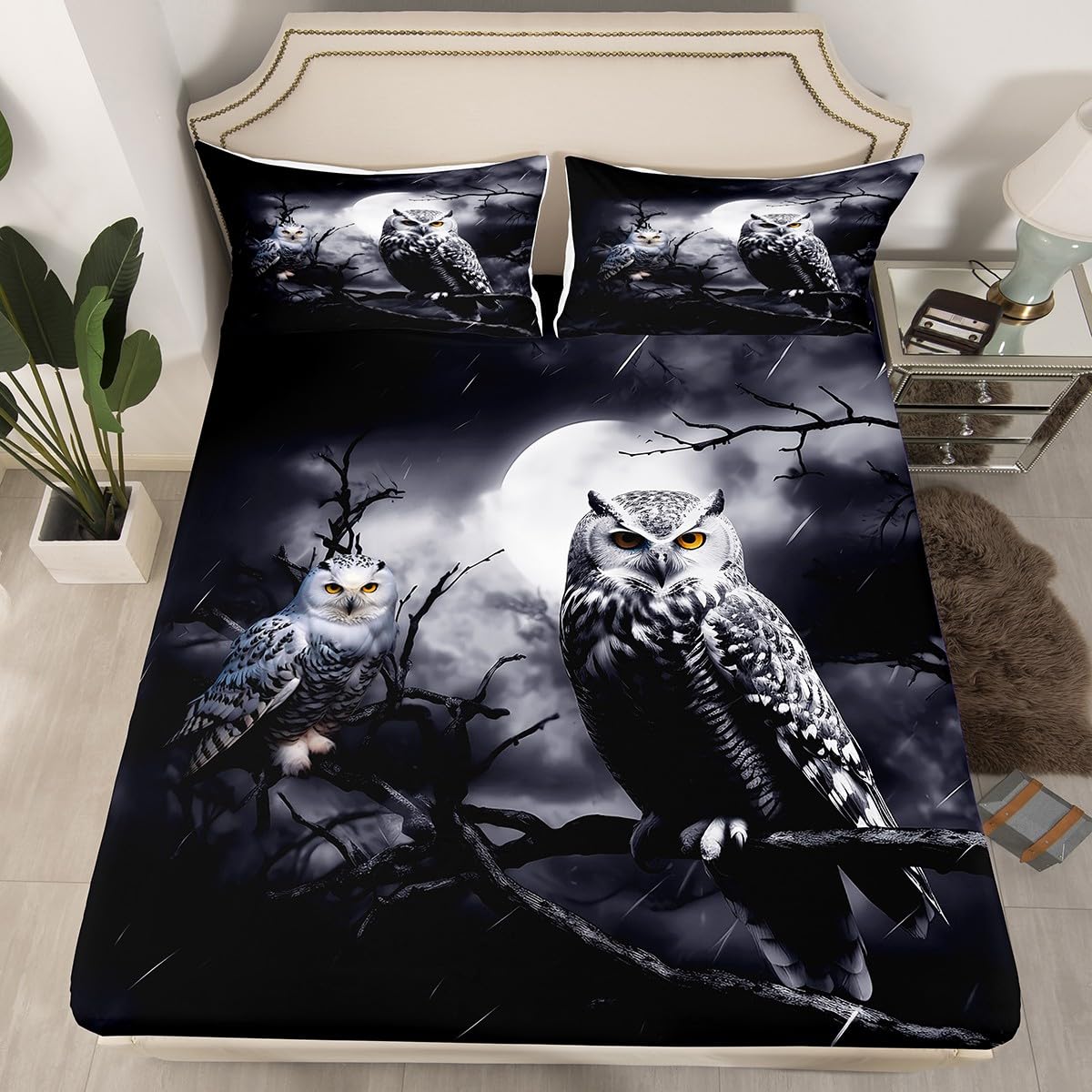 Cute Owl Fitted Sheet Tree Branches Bed Sheet Set 3D Animal Printed Bedding Set for Boys Girls Kids Room Decor Bird Decor Cartoon Owls Design Lightweight Bed Cover Twin Size with 1 Pillow Case
