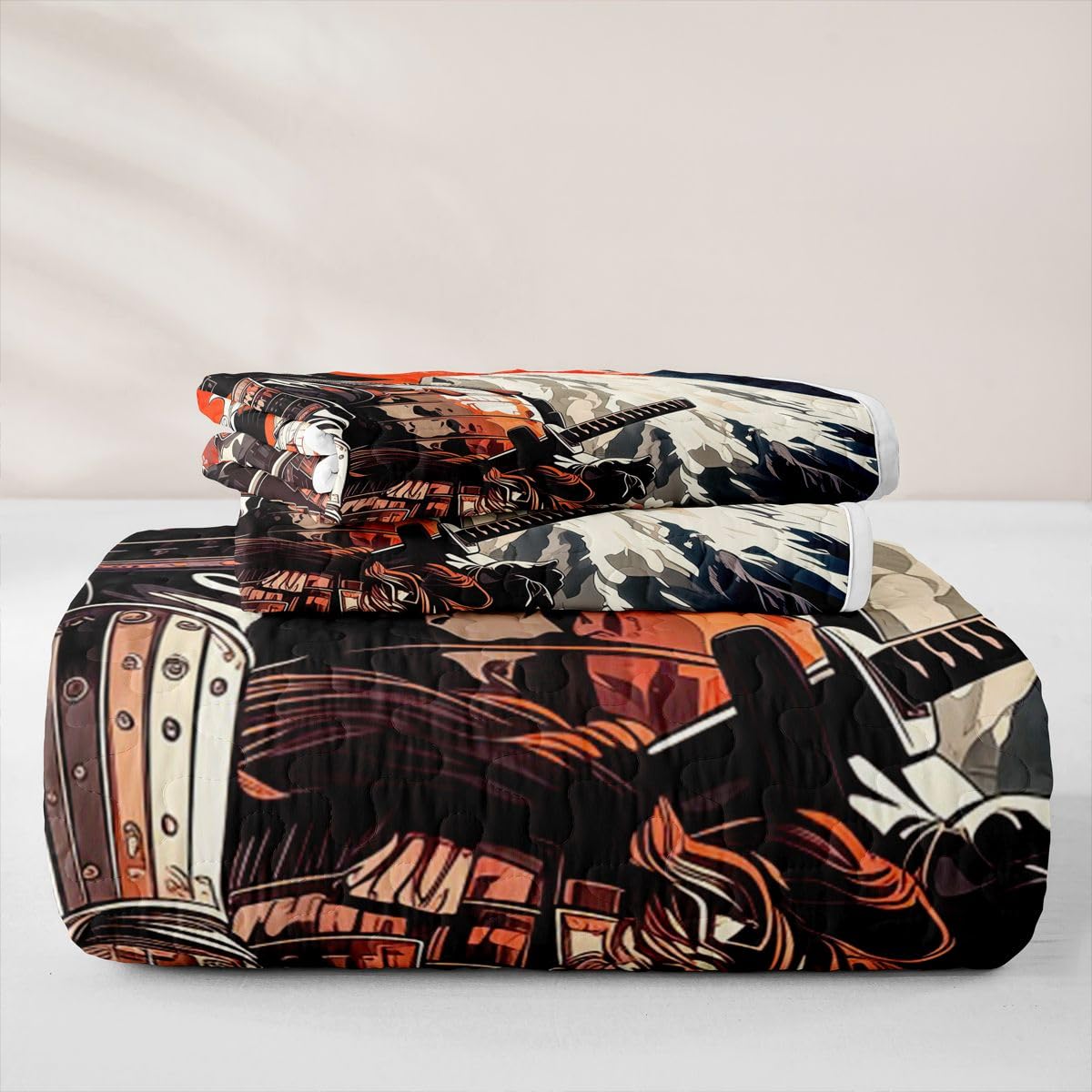 Erosebridal Japanese Samurai Quilt Twin Size - Red Sun Bedspread Sakura Flower Cherry Blossom Bed Coverlet with 1 Pillowcase