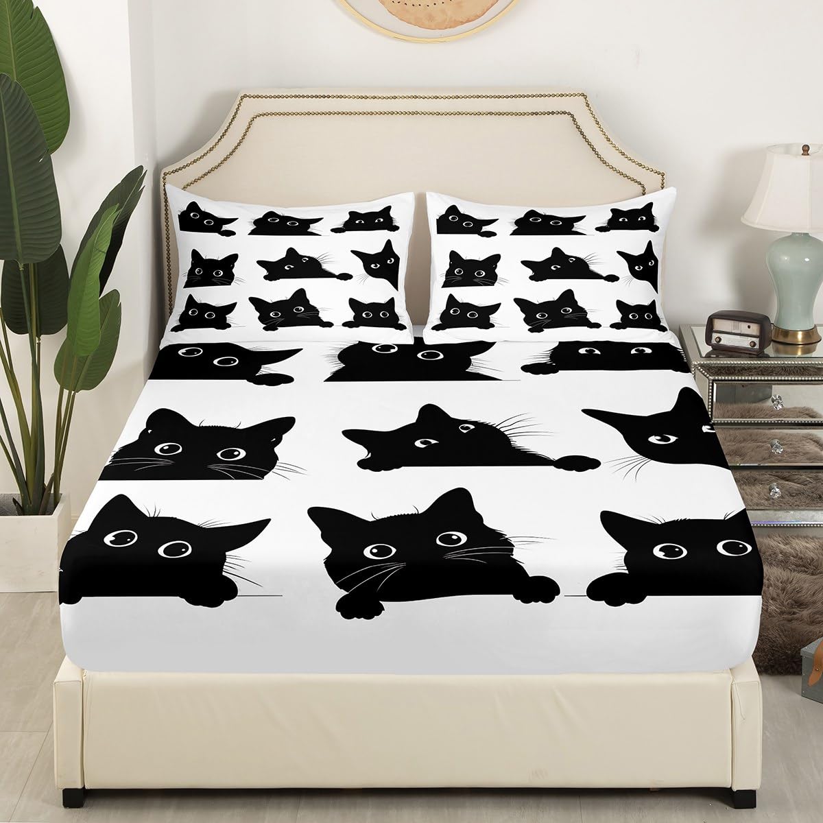 Feelyou Black Cat Bed Sheet Set for Kids Boys Girls Pet Cats Pattern Fitted Sheet Cute Kitten Print Bedding Set 3D Animal Theme Bed Cover Bedroom Decor 3Pcs Full Size White