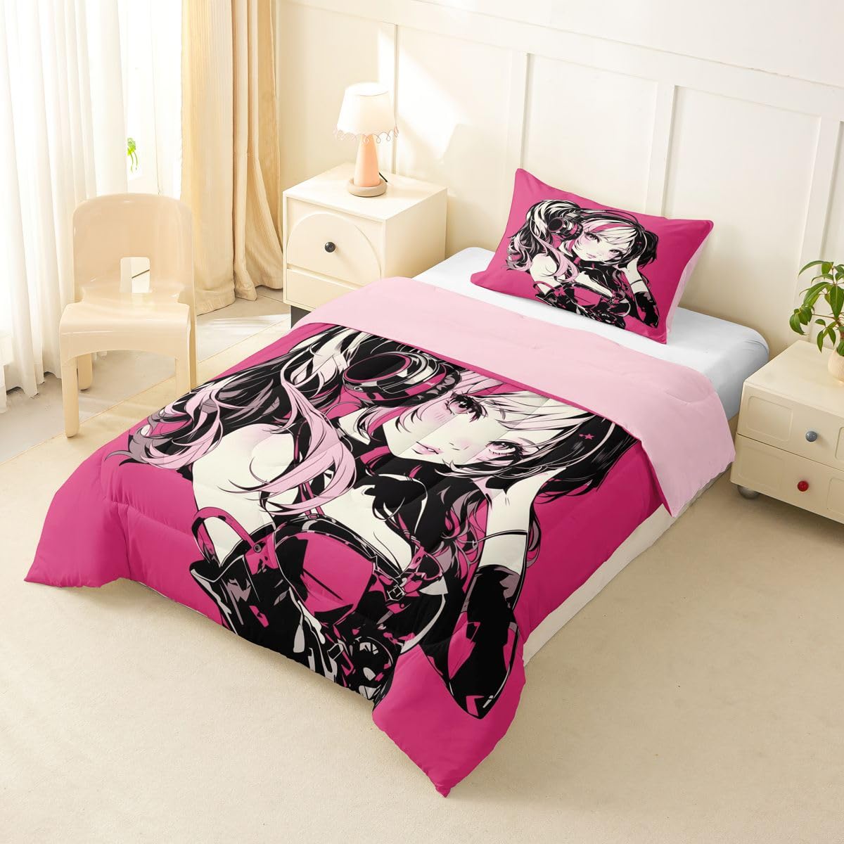 Erosebridal Pink Anime Girls Bedding Cartoon Japanes-Style Comforter Set Twin, Graffiti Street Culture Bed Comforter Set for Kids Teens Youth Watercolor Hippie Style Duvet Set 2Pcs