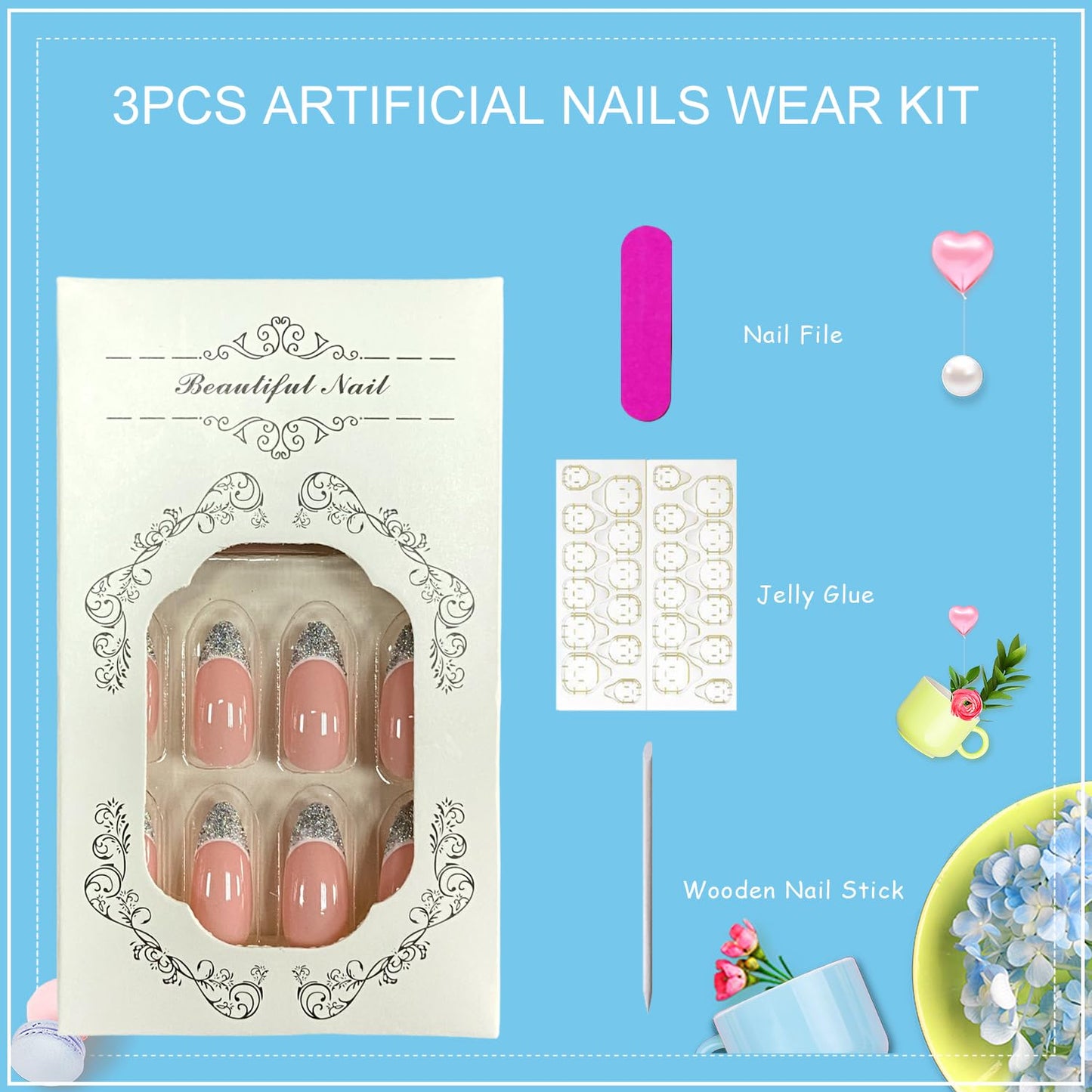 Tyuimhx Glitter French Tip Press on Nails Medium Almond Fake Nails Full Cover False Nails Reusable Stick on Nails Acrylic Glossy Artificial Nails for Women Girls Glue on Nails 24Pcs