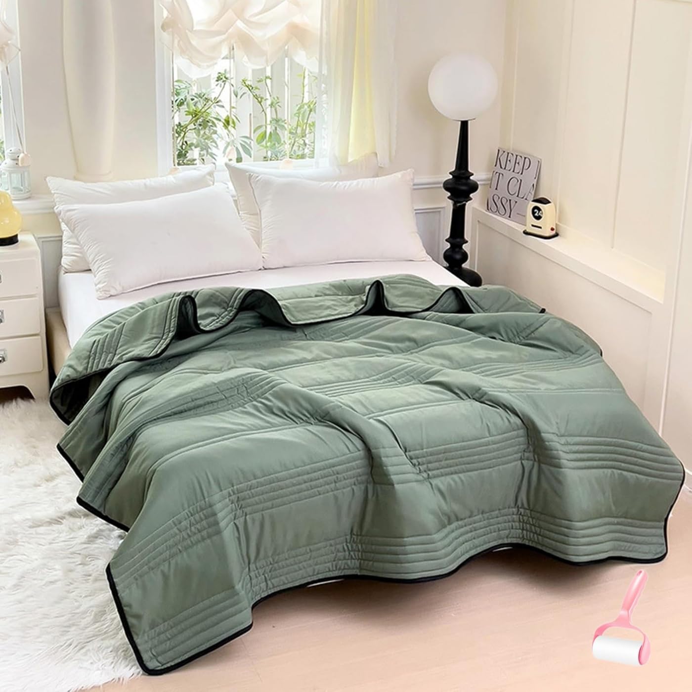 Cooling Blanket Queen Size,Cool Ice Silk Blanket,Breathable Summer Blankets for Hot Sleepers,Quilted Washed Cotton Sofa Blankets,Double Side Lightweight Air Conditioning Quilt (Green, 60 * 79in)