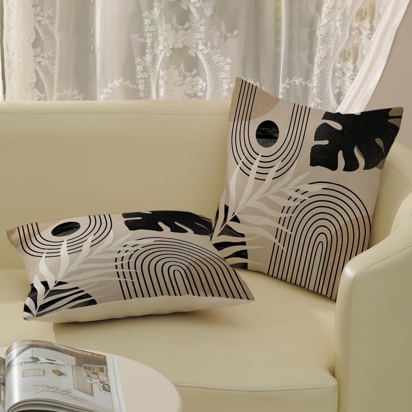 DAFENA Black Boho Pillow Covers 18x18 Inch 2 Pcs Beige Brown Tropical Leaf Mid Century Summer Outdoor Decor Throw Pillows Modern Geometry Farmhouse Decoration Pillowcase Linen Cushion Cover for Couch