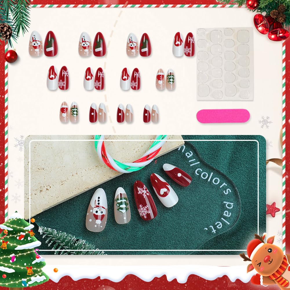 Christmas Press On Nails - Almond Shaped Press On Nails Medium Fake Nails With Snowman Snowflake Socks Heart Designs Acrylic Artificial Glue On False Nail Press Ons Stick On Nails For Women