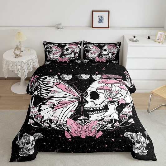 Butterfly Skull Comforter Set Queen Size Pink Mushroom Quilted Duvet Gothic Starry Galaxy Moon Bedding Set 3pcs for Kids Teens Girls Boys Bedroom Decor Trippy Plants Duvet Insert,2 Pillowcases