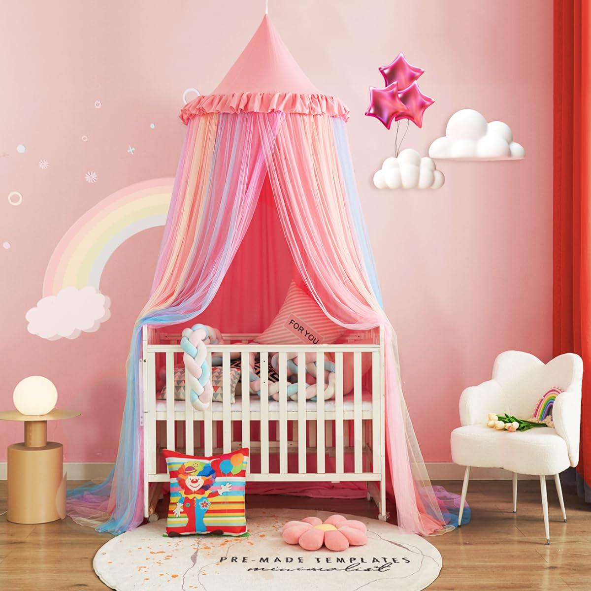 Kertnic Rainbow Bed Canopy for Girls Dreamy Mosquito Net for Bed Round Dome Princess Bed Canopy Girl Room Play Tent Canopy Bed Netting Curtains, 31.5inch Large Dome (Nordic Pink Rainbow)
