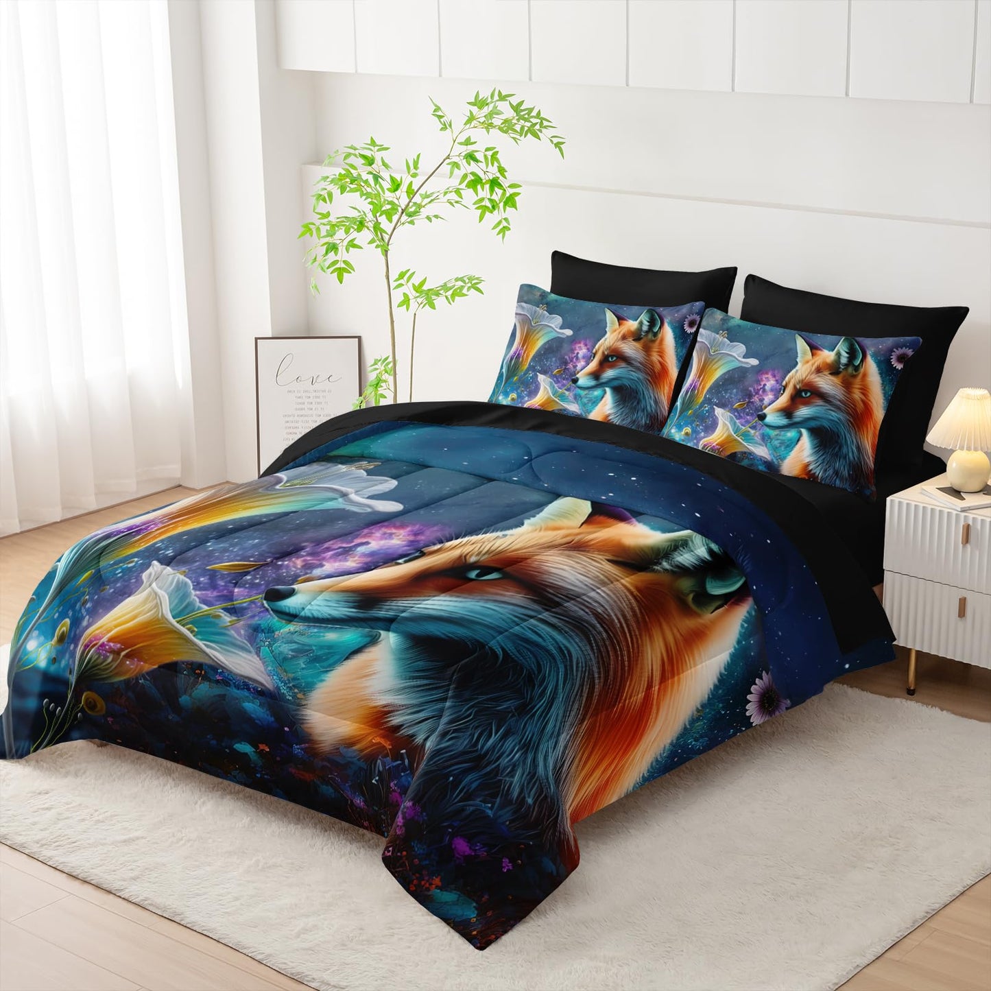 AILONEN Cute Fox Comforter Set Full 7-Piece Galaxy Flower Fox Bed in a Bag for Kids Boys,Soft Comforter & Fitted Sheet with Flat Sheet,2 Pillowcases,2 Pillow Shams