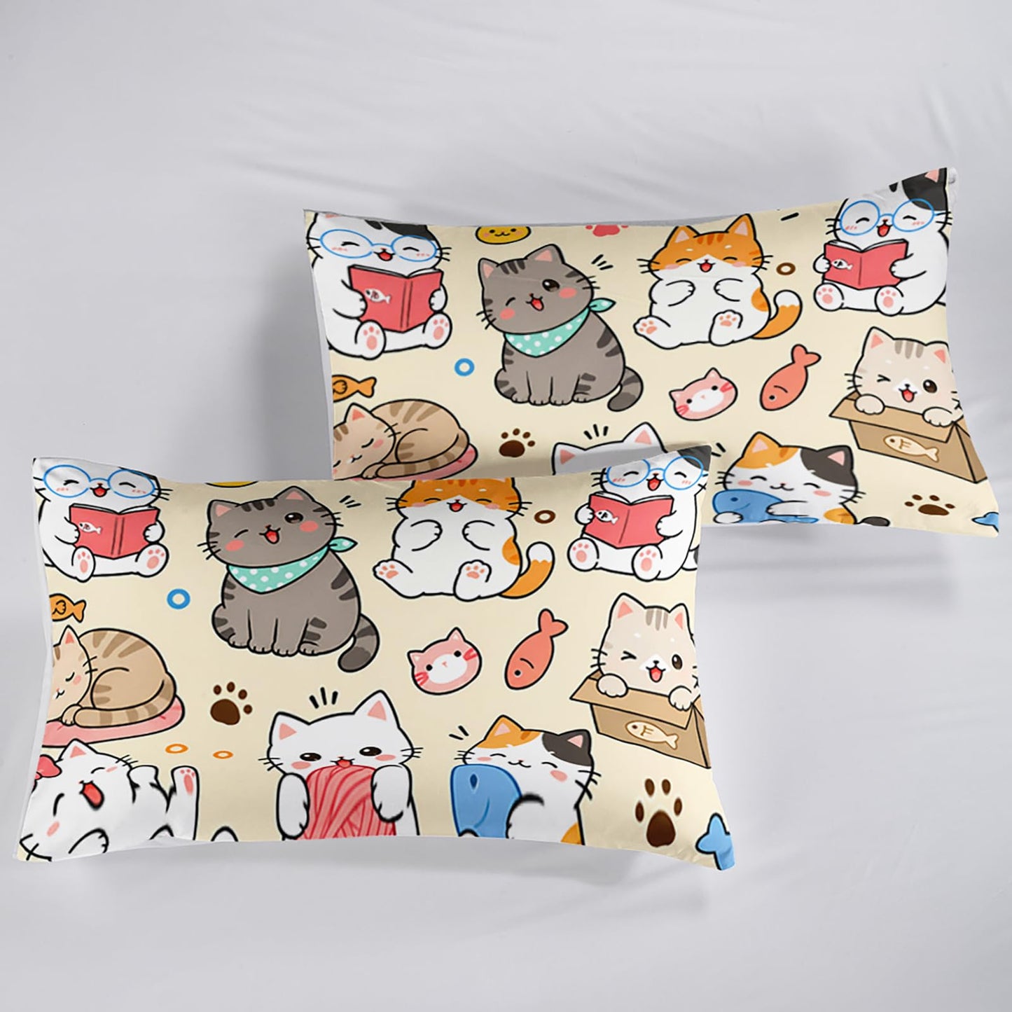 QOOMO Kawaii Kids Sheets Twin Size,Cat 16" Deep Pocket Bed Sheet Set,Cartoon Cat Printed Bedroom Decor Sheet Set Soft and Breathable for Girls/Kids/Teens，Twin