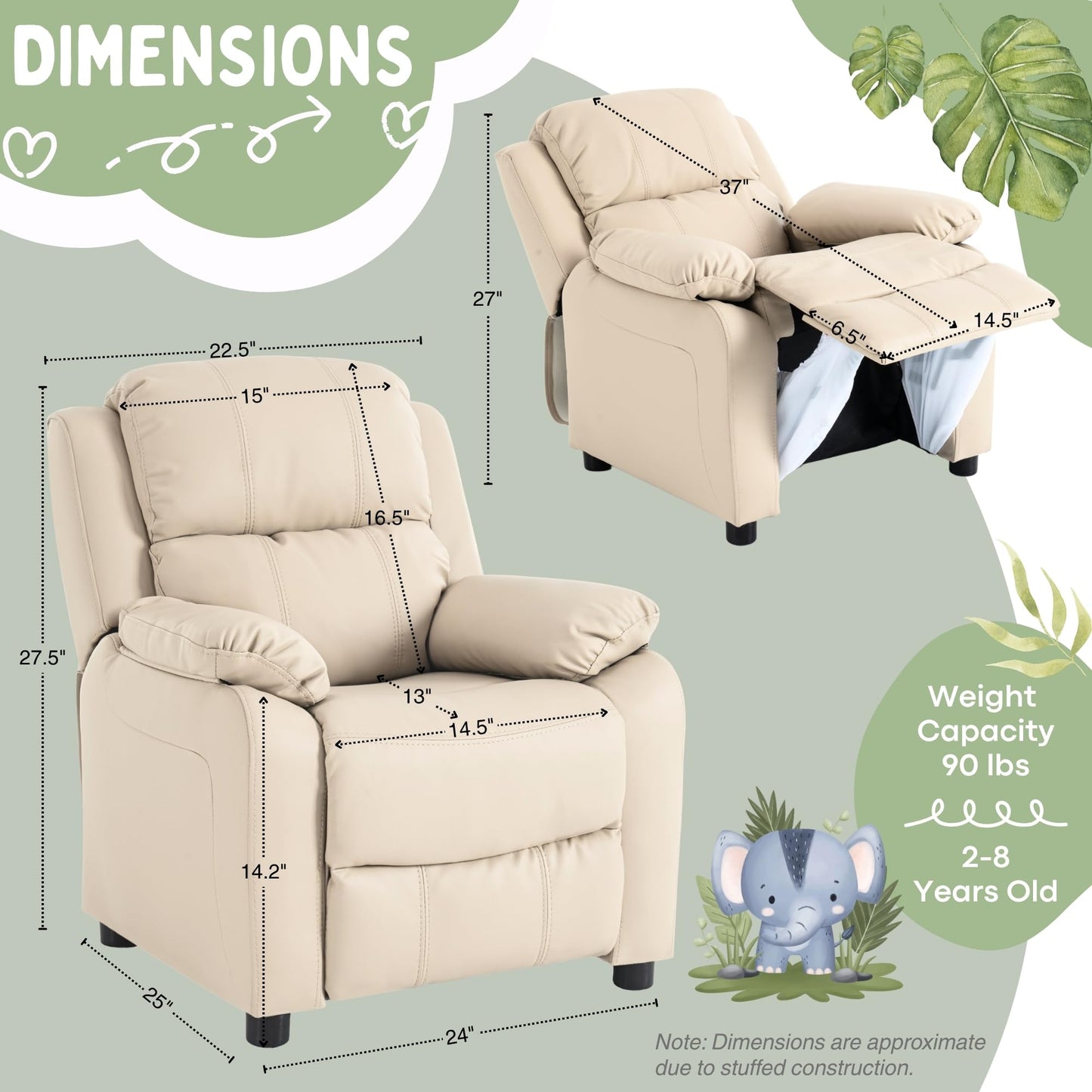 Kids Recliner Chair Storage Arms Reclining Toddler Push Back Sofa Ages 2-8