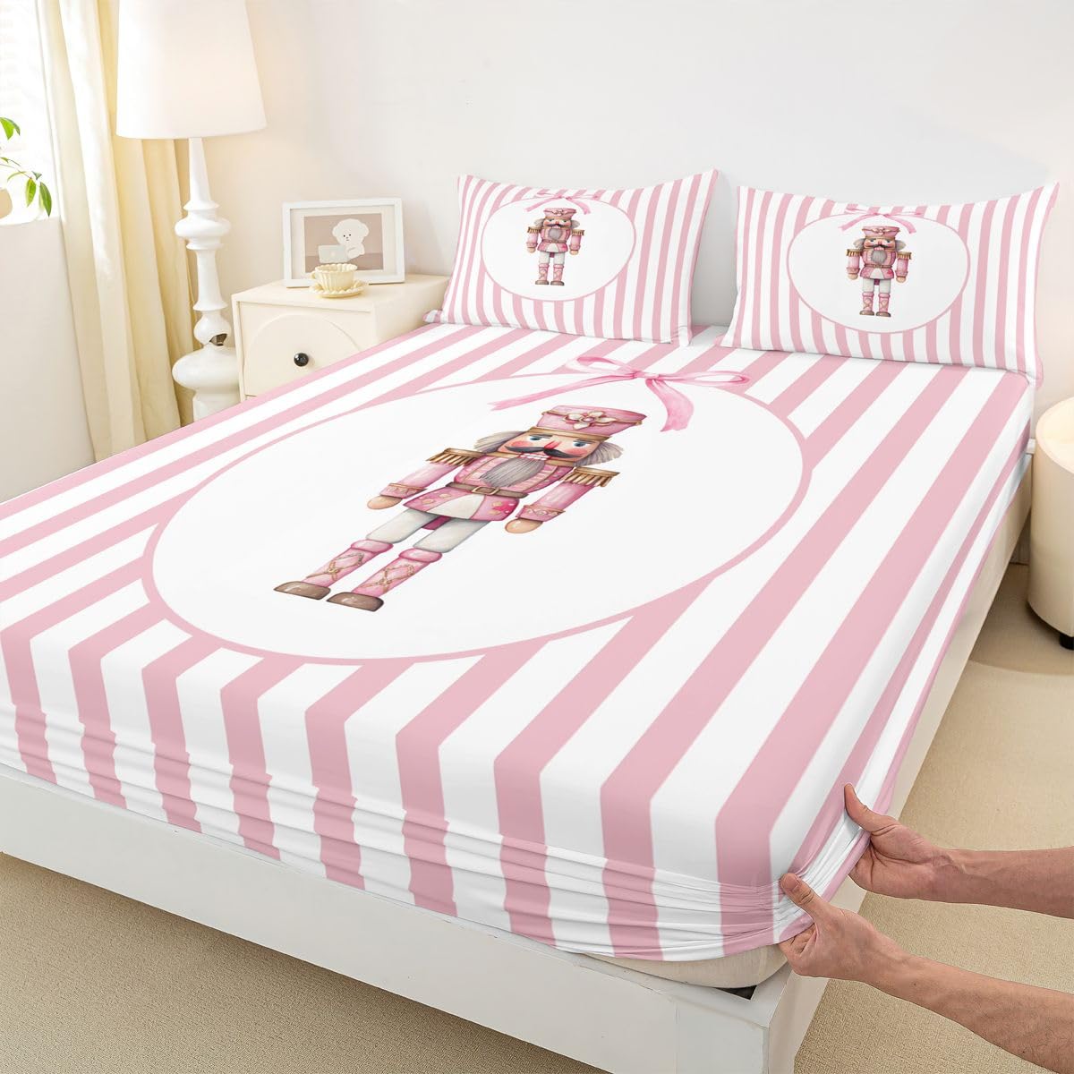 Manfei Nutcracker Kids Full Size Fitted Sheet,Christmas Lovely Bowknot Boys Girls Bed Sheets,Winter Xmas Holiday Stripes Room Decor,Pink White Bedding Set,2 Pillowcases(No Flat)
