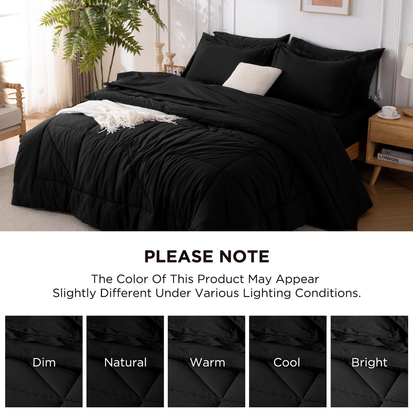 Baskbed 7 Pieces Queen Comforter Set - Utral Soft Microfiber Bedding Set, Thick Duvet Insert Bed in a Bag Without Rustling Noise for All Season, Black (88"x88")