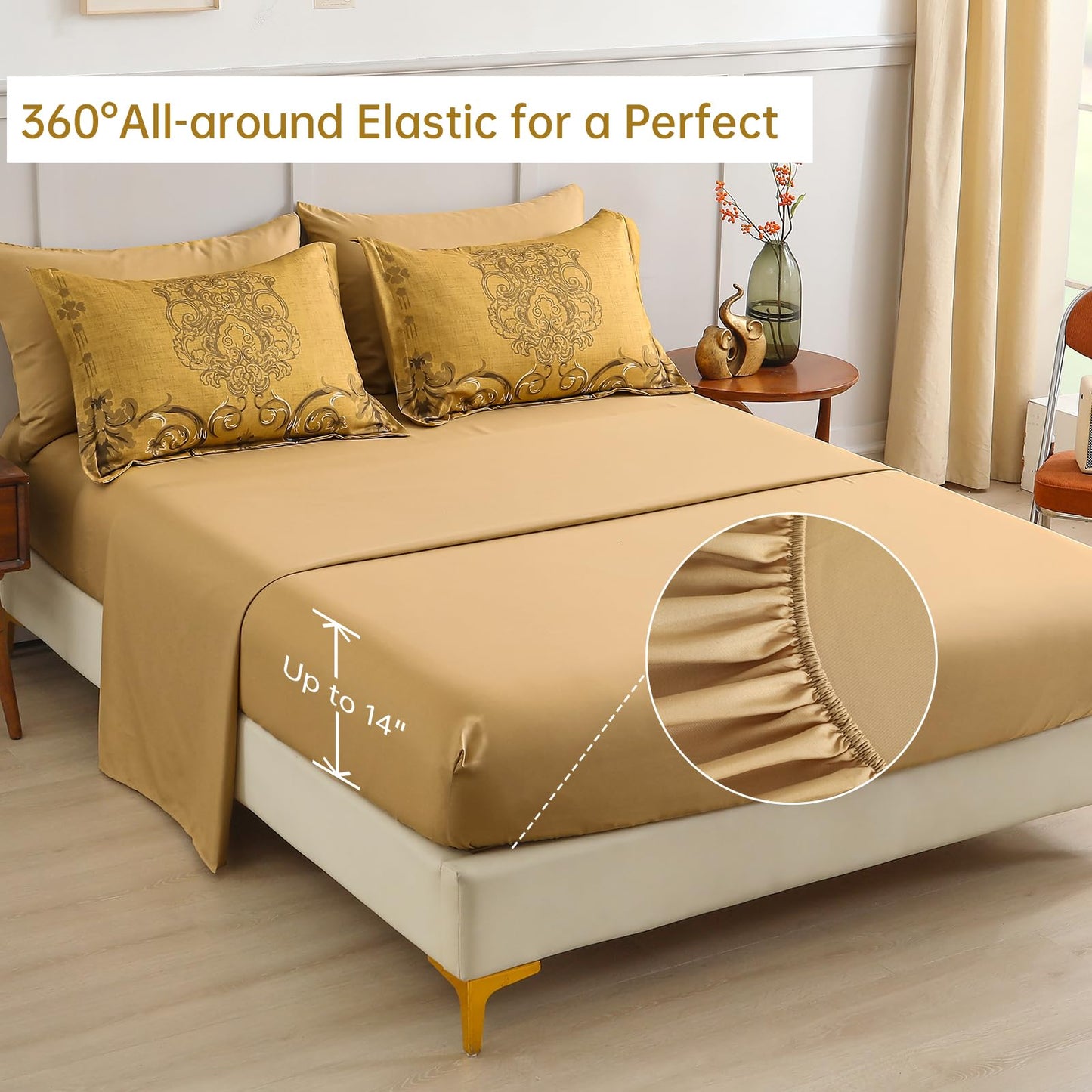 Mybedsoul Gold Queen Comforter Set, 7 Pieces Boho Bed in a Bag for Queen Bed, Damask Comforter with Sheets Pillowcases, Soft Microfiber Lightweight Bedding Sets for All Season(90"x90")