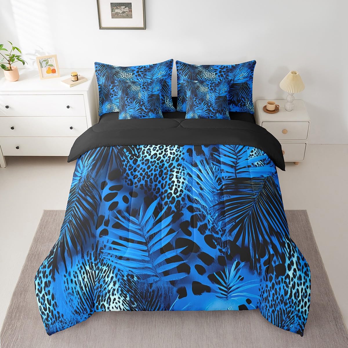Erosebridal Blue Cheetah Print Comforter Set 7 Piece Bed in a Bag Twin,Botanical Leaf Bedding Sets Big Cat Wild Animal Hide Sheet Set with Comforter,African Safari Animals Fur Bed Set
