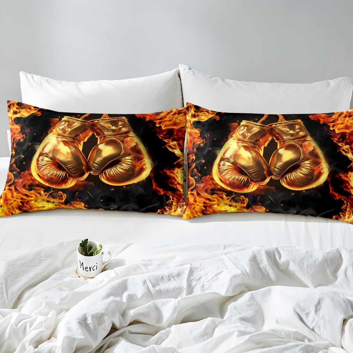 Manfei Boxing Sport Duvet Cover Set Golden Boxing Gloves Bedding Set 3pcs for Kids Boys Teens Yellow Fire Print Comforter Cover Microfiber Bedspread Cover with 2 Pillow Cases(No Comforter) Queen Size