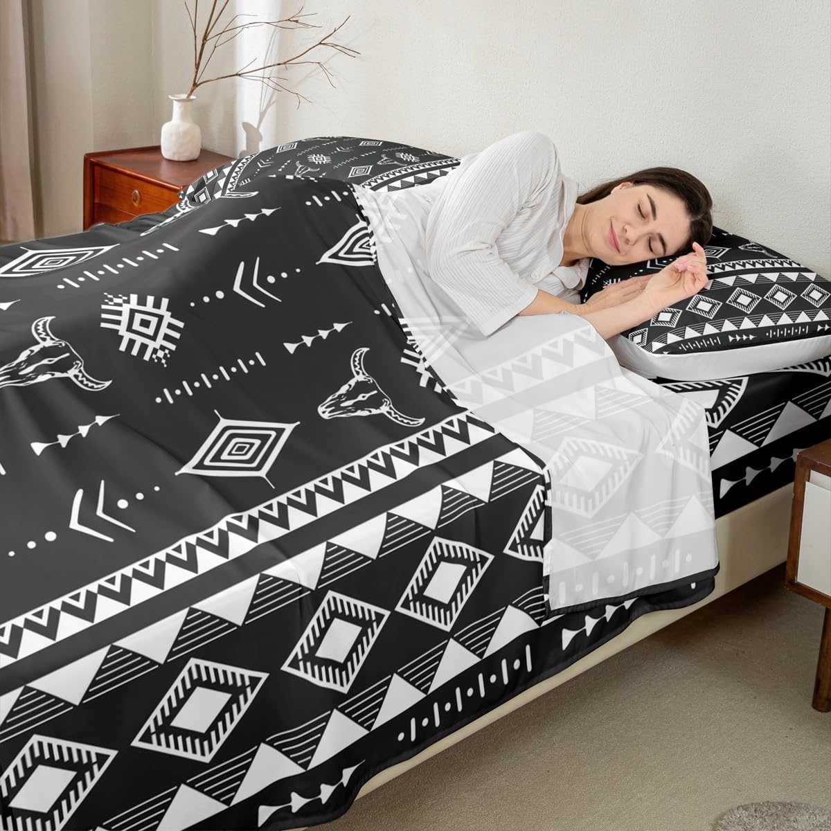 Erosebridal Bull Skull Bed Sheets Set Full Size, Western Aztec Boho Flat Fitted Sheet for Girls Boys Women Men Home Decor, Southwestern Cowboy Bedding Set, Ethnic Horns Bed Sets