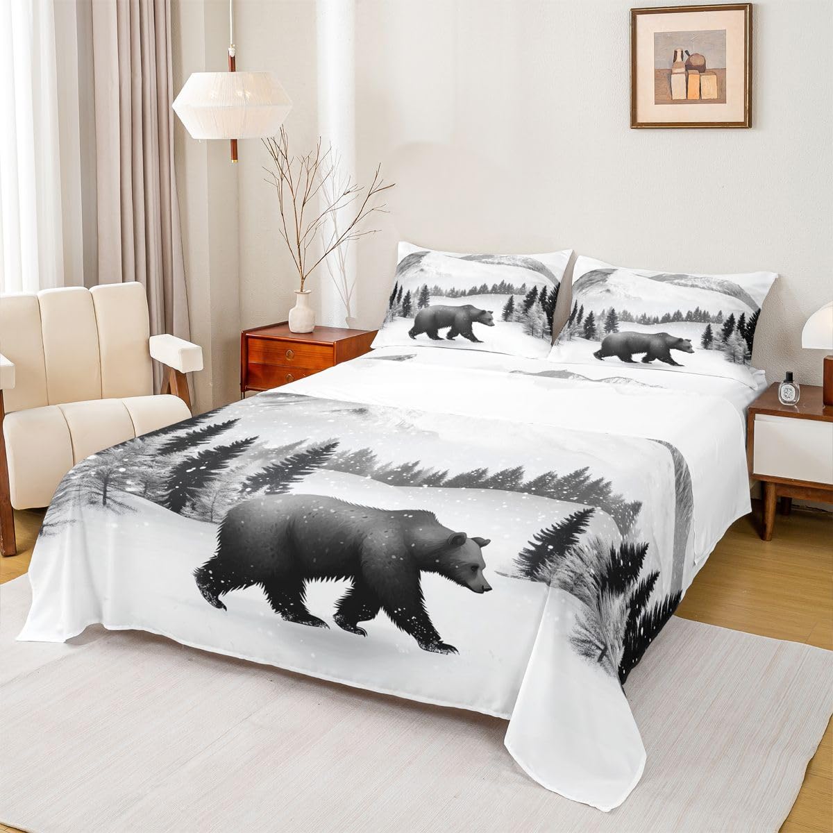 Erosebridal Rustic Bed Sheets Full | Bear Jungle Hunting Sheet Set for Kids Boys Girls Cabin Farmhouse Sheets Countryside Wildlife Flat Fitted Sheet 3 Pcs
