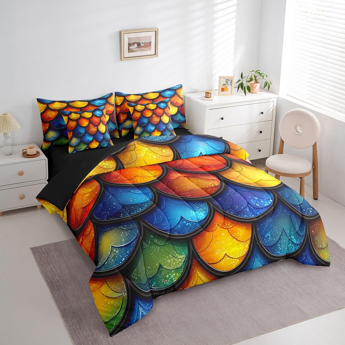 Erosebridal Mermaid 7 Pcs Comforter Set Queen Size,Teal Glitter Fish Scales Bed in a Bag with Flat Sheet and Fitted Sheet for Kids Teens Adult, Bedding Set with Pillowcase and Sham Reversible