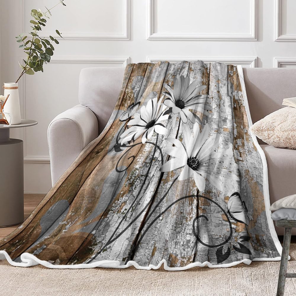 JAWO Farmhouse Flower Floral Throw Blanket, Rustic Grey Daisy Fleece Cozy Warm Bed Couch Blanket, Country Grey Brown Fleece Flannel Throws to Decorate The Room and Bedroom Warm Blanket 50X60IN