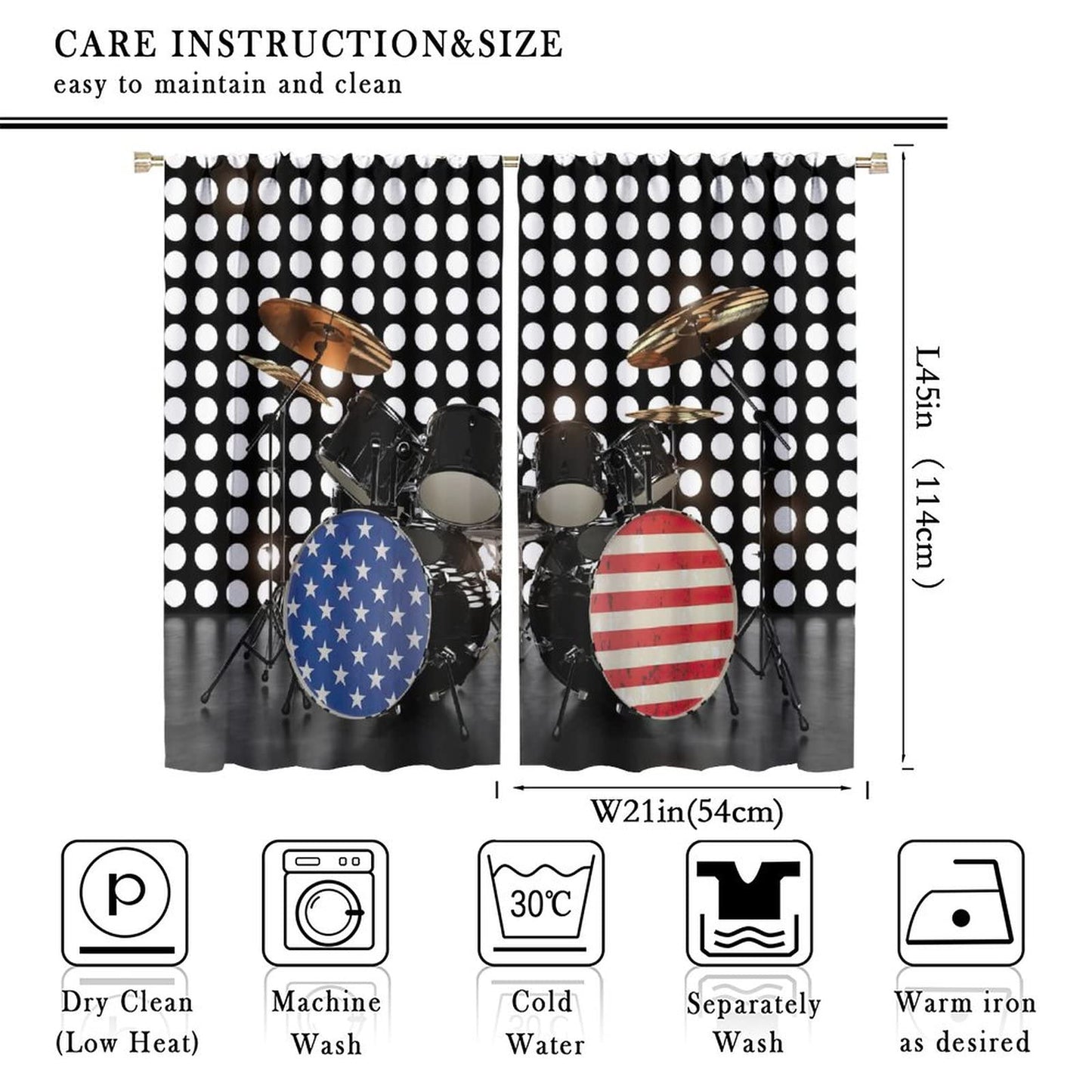 Music Curtains,Rock Roll Musical Instruments American Flag Drum Set Stage Theme Room Darkening Door Window Rod Pocket Curtain for Living Room Teens Boys Bedroom W42xL45in