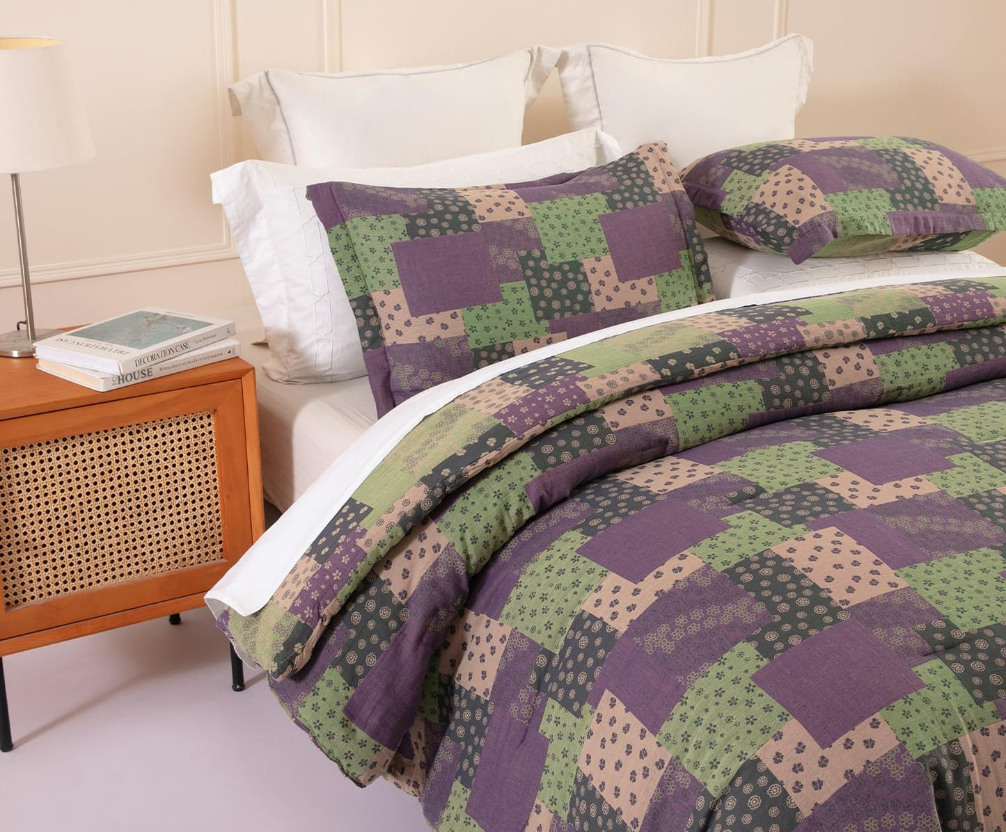 SLEEPBELLA Washed Double Layer Muslin 100% Cotton Comforter Set King Size, Purple Green Patchwork Fluffy Thick Checked Bedding Set, Soft Breathable (1 Comforter, 2 Pillow Shams)