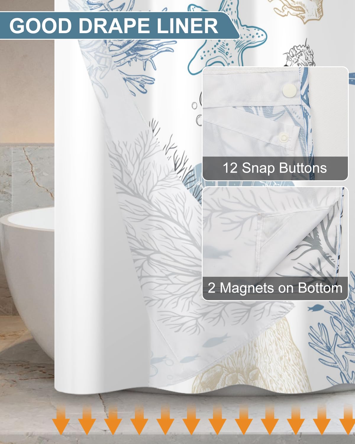 Xiazhilaio No Hook Shower Curtain with Snap in Liner Set - Sea Seashells, Starfish & Coral Print Shower Curtains for Coastal Nautical Ocean Bathroom, Waterproof Bath Curtain with Mesh Top, 71x74 Inch