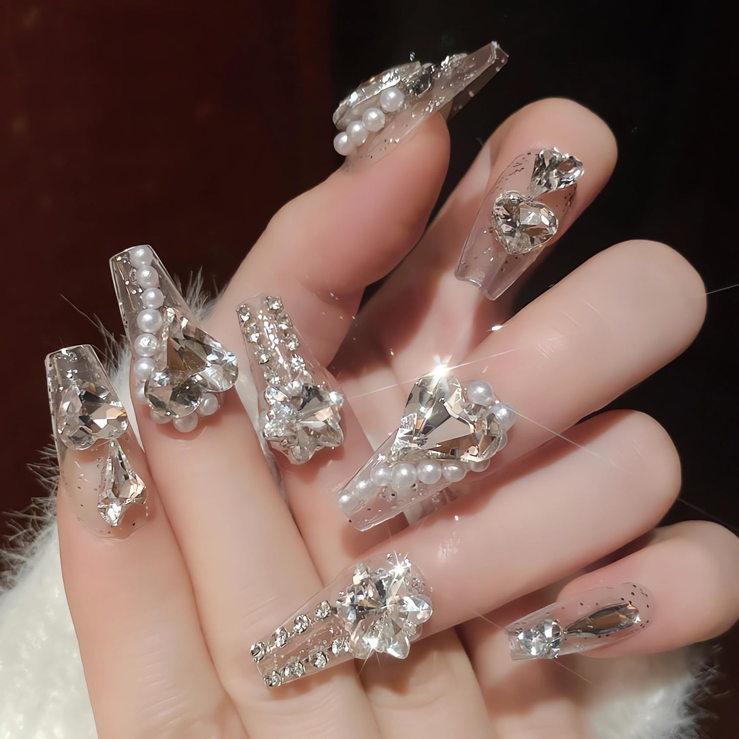 IMSOHOT Long Coffin Press on Nails Clear Heart Rhinestone Fake Nails with Designs White Glitter Luxury Ballerina False Nails Glossy Full Cover Acrylic Glue on Nails for Women 24Pcs
