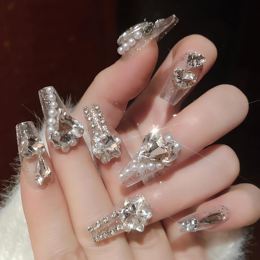 IMSOHOT Long Coffin Press on Nails Clear Heart Rhinestone Fake Nails with Designs White Glitter Luxury Ballerina False Nails Glossy Full Cover Acrylic Glue on Nails for Women 24Pcs