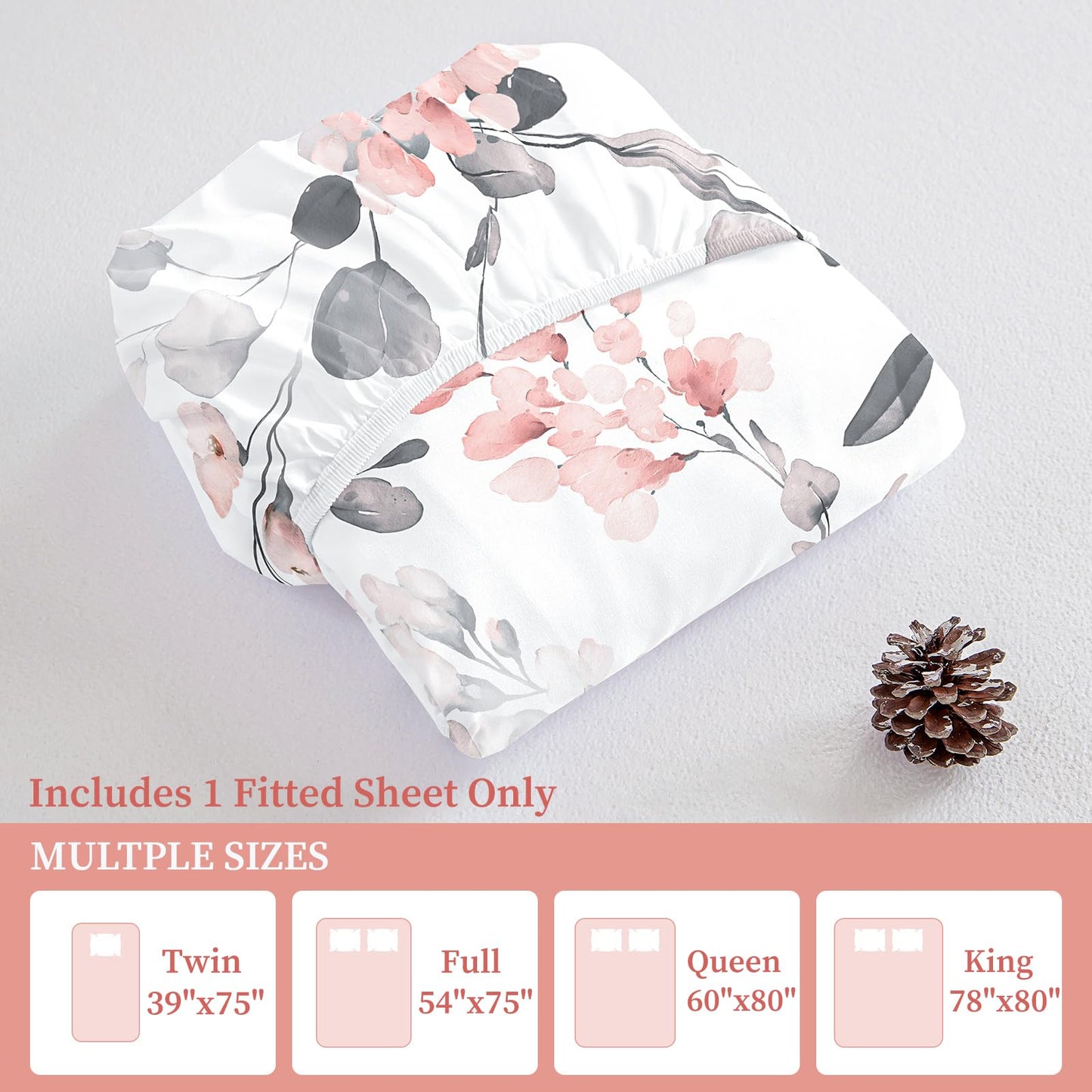 HCORA Floral Fitted Sheet Only, 100% Brushed Microfibre Deep Pocket Fitted Bottom Sheet, Ultra Soft, Shrinkage and Fade Resistant, Full Size
