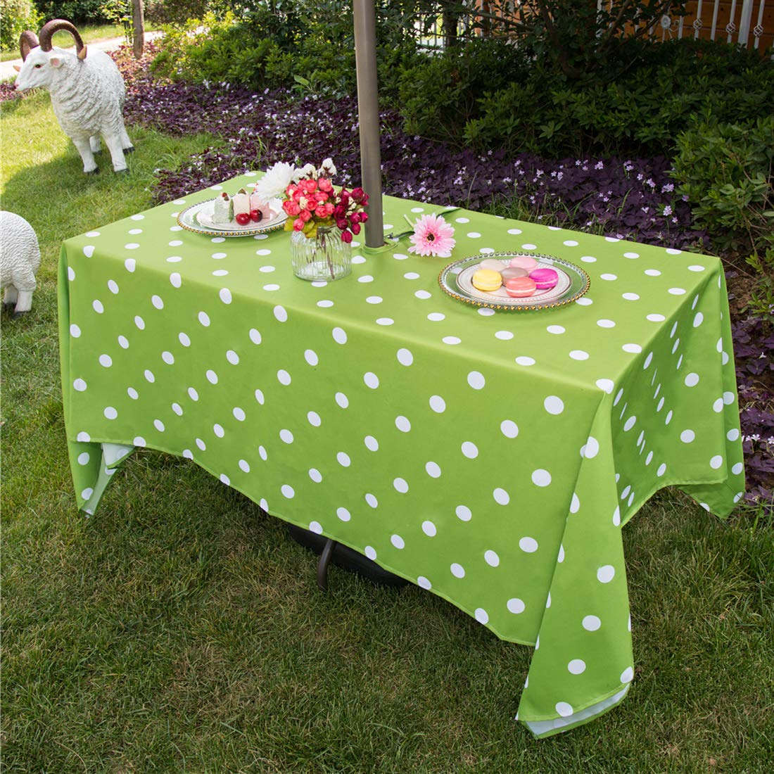 Eternal Beauty 60X 84” Rectangle Tablecloth Waterproof Outdoor Tablecloth with Umbrella Hole Zipper for Patio Spring Summer Picnic Tables (Green Polka Dot)