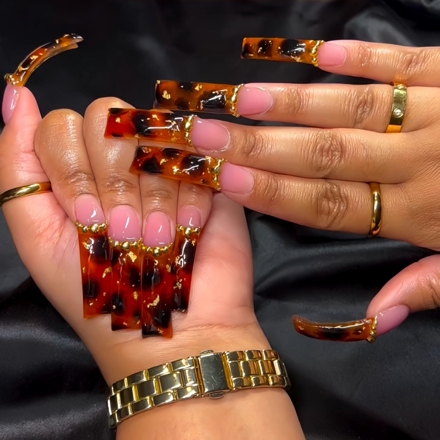 Curved Press on Nails Brown Fake Nails Leopard and Gold Chram Designs Stick on Nail for Women 24pcs