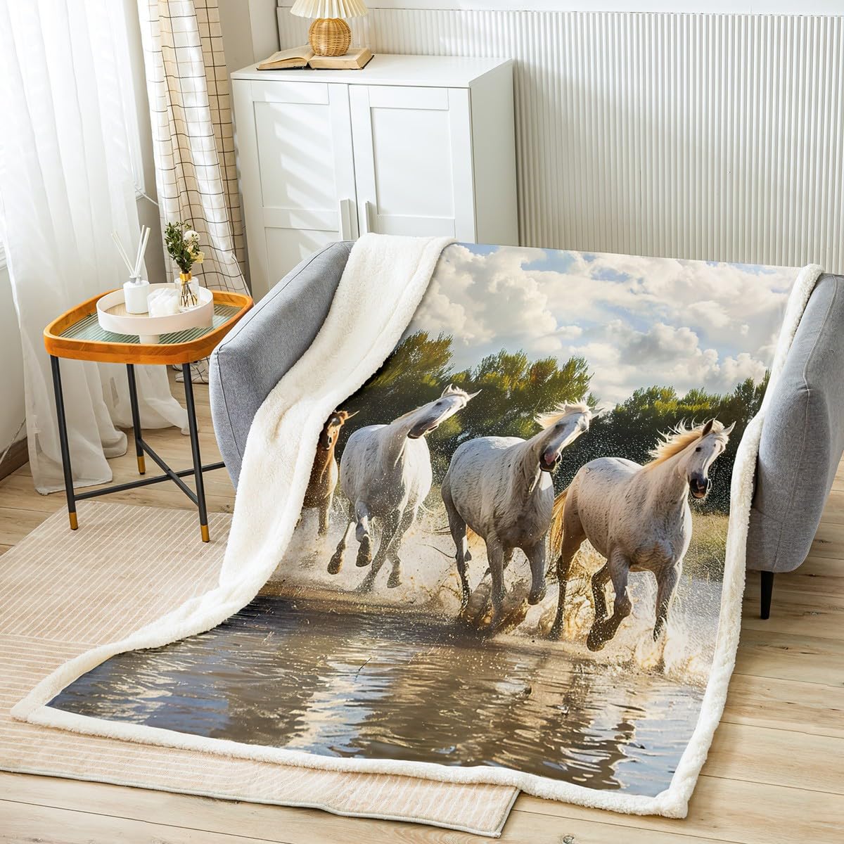 Feelyou Horse Sherpa Throw Blanket 3D Wild Animal Fleece Blanket Galloping White Horse Printed Plush Blanket for Sofa Bed Couch Bedroom Decor Wildlife Fuzzy Blanket Throw 50"x60"