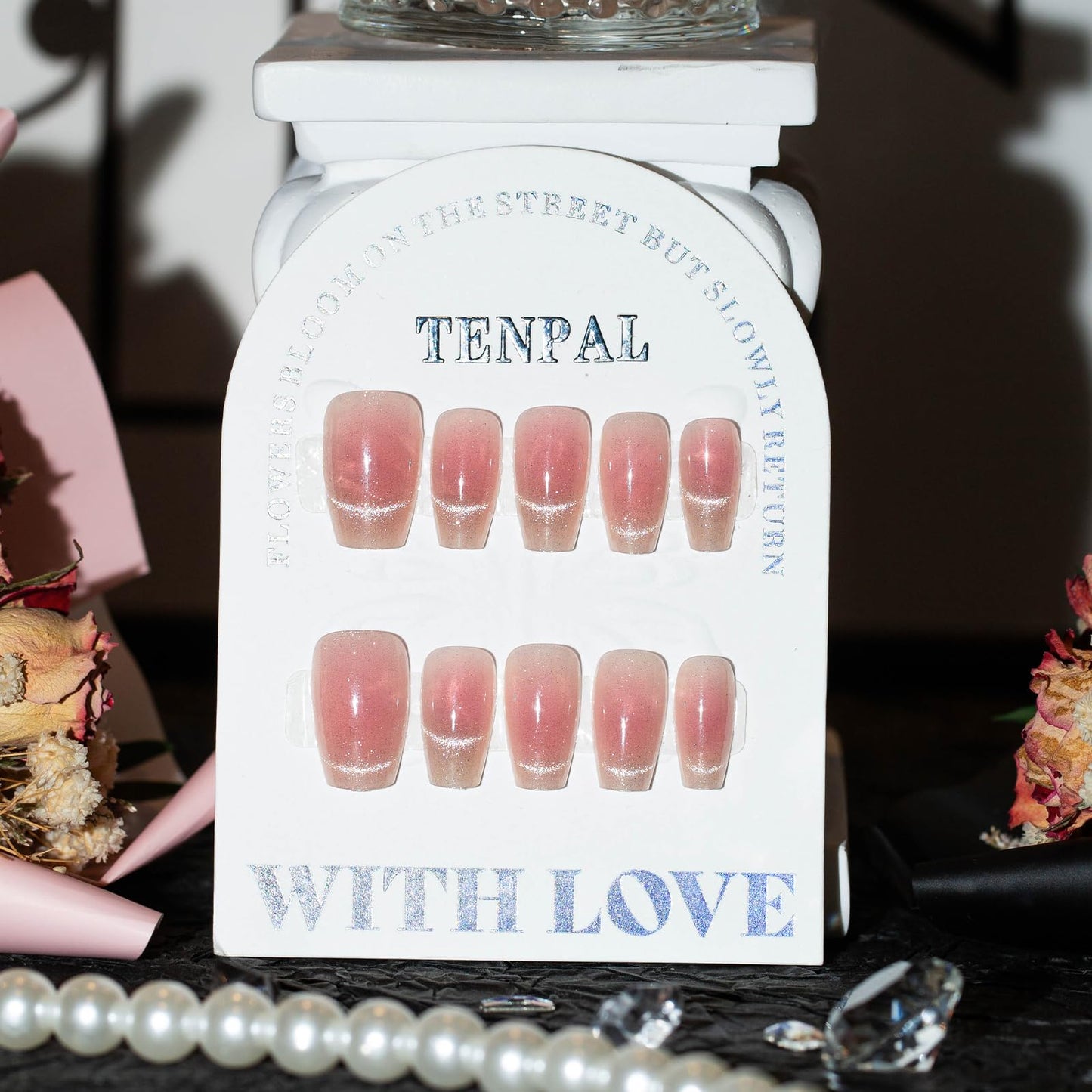 TENPAL Handmade Press on Nails Medium,Peach Pink Cat Eye Coffin Nails, Removable Acrylic Spring Summer Pink Fake Nails With Tools,Sweet Sassy Minimalist Gel Effect Glue on Nails for Women Girls(XS)