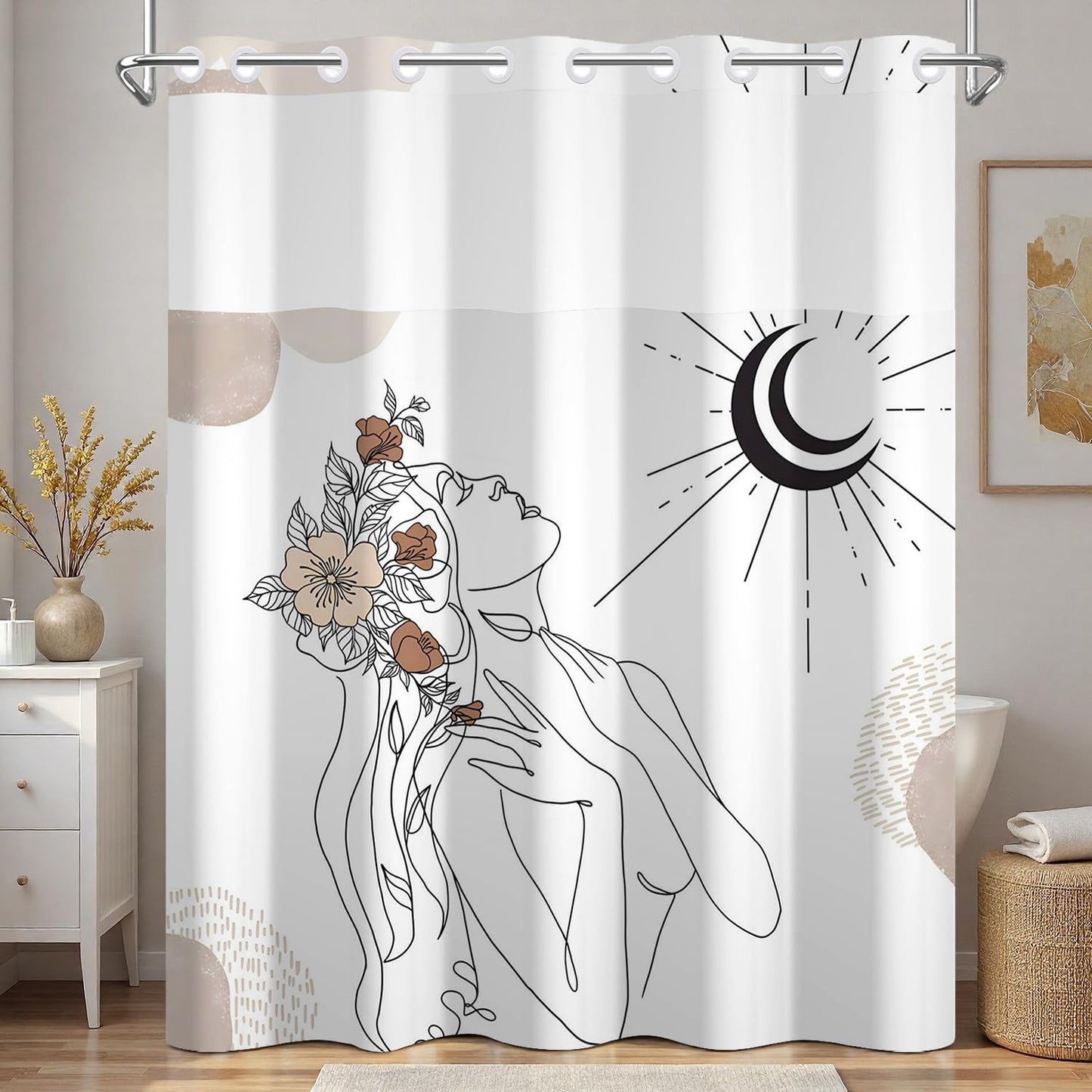 Xiazhilaio No Hook Bohemian Art Shower Curtain with Snap in Liner - 71″W x 74″L Waterproof Fabric with Mesh Top Window, Abstract Woman Floral Celestial Print Bath Curtain for Artistic Bathroom Decor