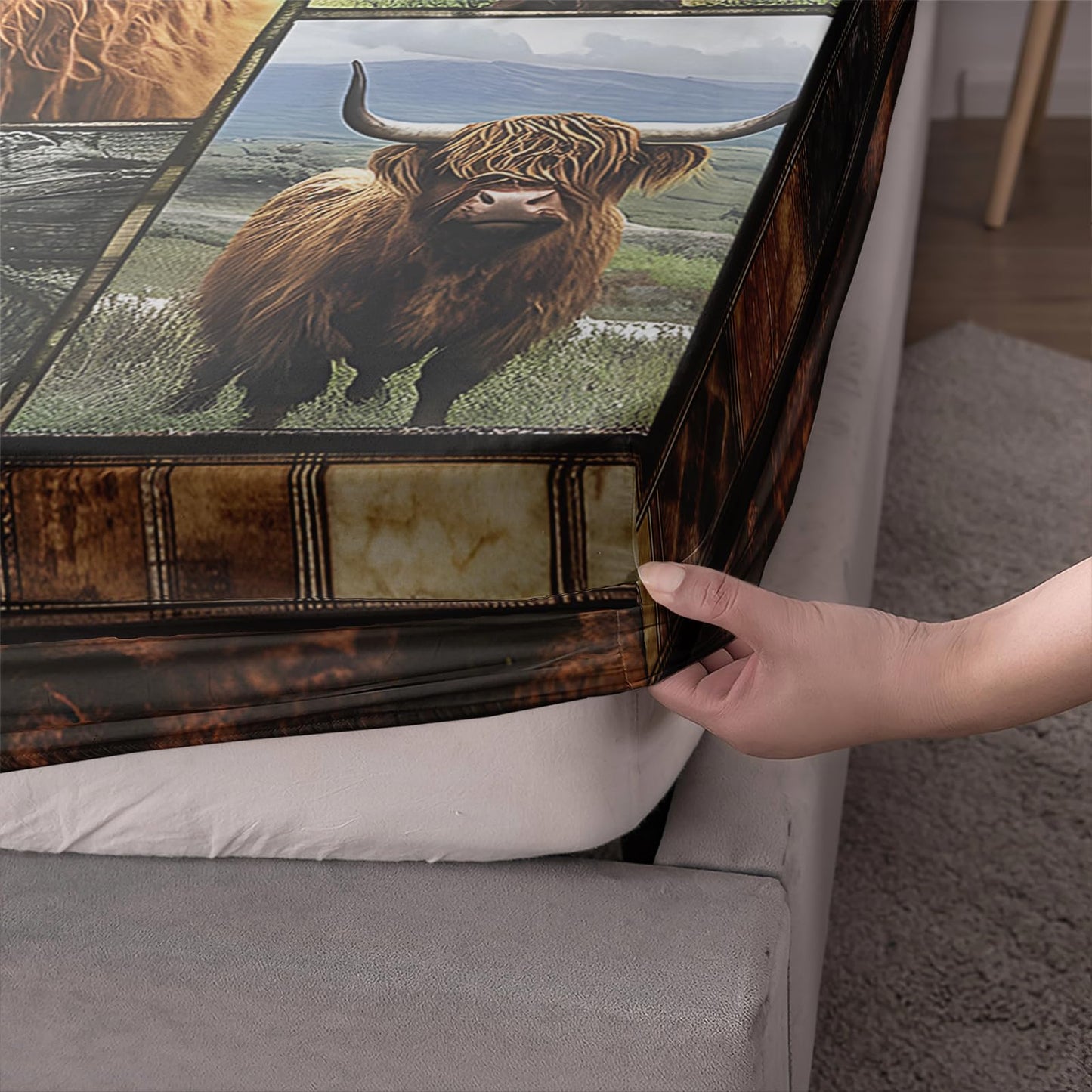 AILONEN Highland Cow Print Bedding Set Twin Size,Rustic Farmhouse Cattle Fitted Sheet with 2 Pillowcases for Kids Teens,3-Piece Farm Animal Plaid Bed Sheet Set