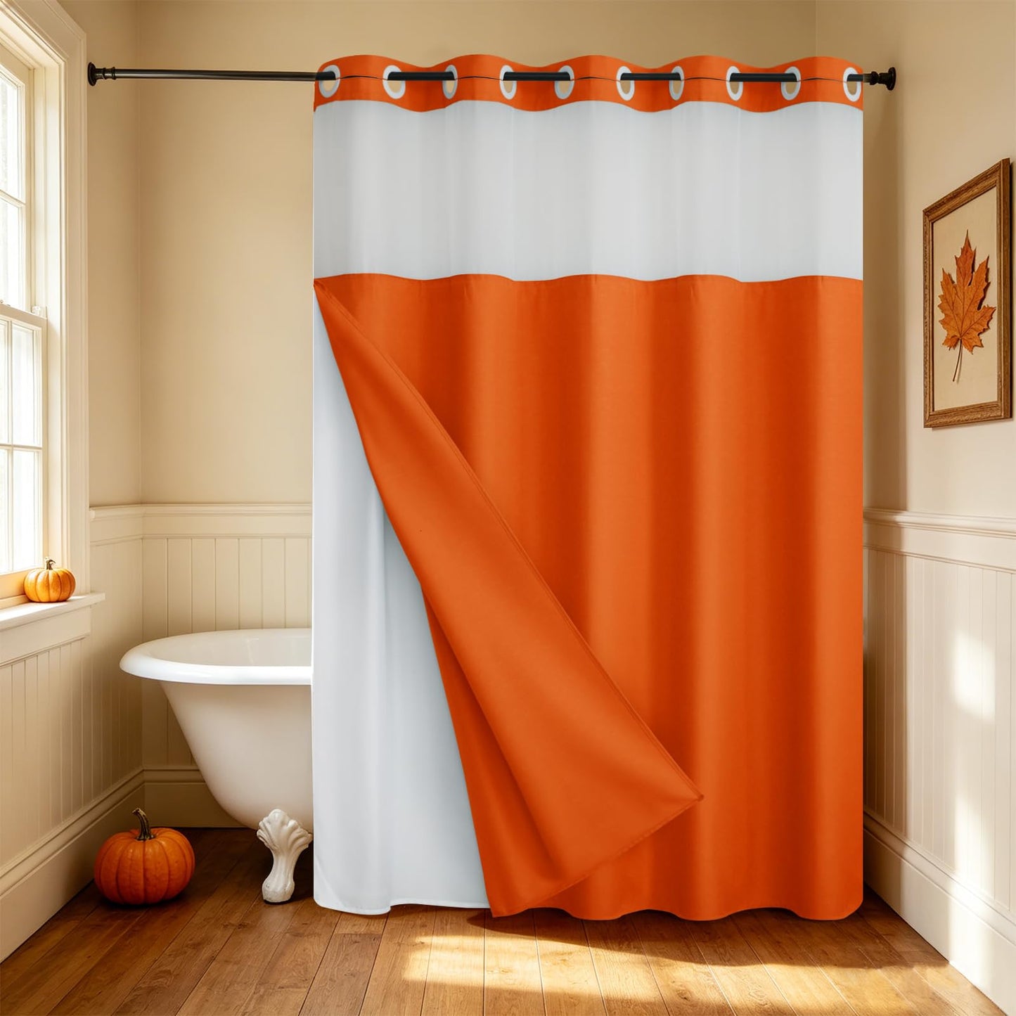 Blotixn Fall No Hook Slub Textured Shower Curtain with Snap in Fabric Liner, Modern Hotel Style with See Through Top Window, Orange Fabric Outer Curtain & Waterproof Inner Liner, 72 * 75 in
