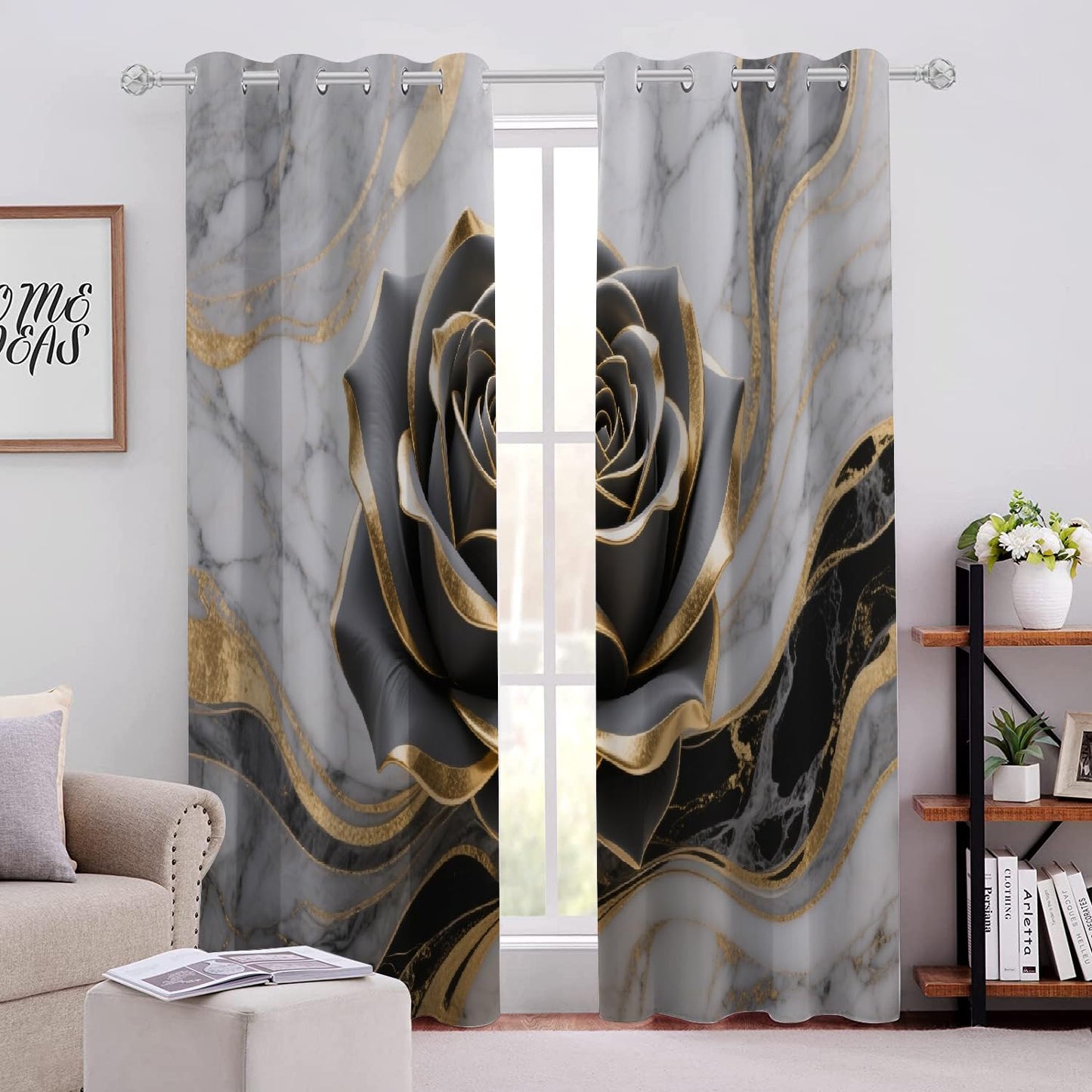 Black Elegant Rose Blackout Curtains, Bright Gold Texture 3D Print Pattern Curtain, 2 Panels Thermal Insulated Top Grommet Darkening Drapes for Living Room Bedroom(84" W x 84 "L)