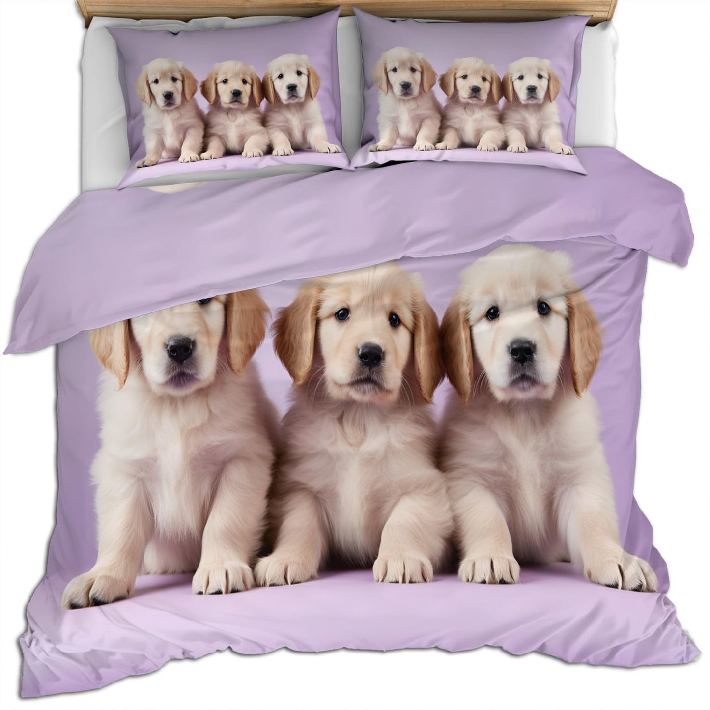 Kids Duvet Cover Queen Size - Cute Puppy Home Decor & Gifts, 3 Piece Back to School Dorm Bedding, Easy Care Microfiber Comforter Cover & Pillowcases, Golden Retriever Pattern