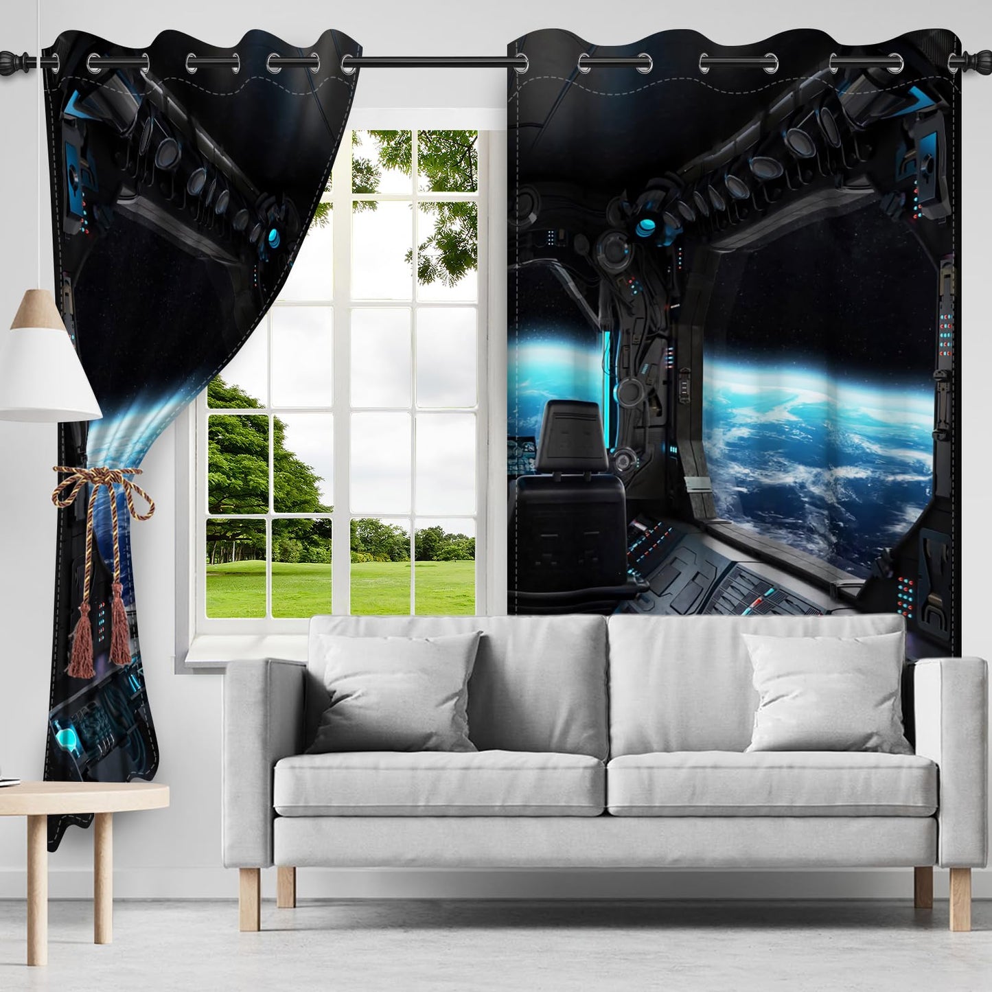 Renaiss Spacecraft Interior Window Curtains Futuristic Spaceship Cockpit Window Treatments Outer Space Earth View Blackout Drapes for Bedroom Living Room French Door Decor 42x63 Inches x 2 Panels