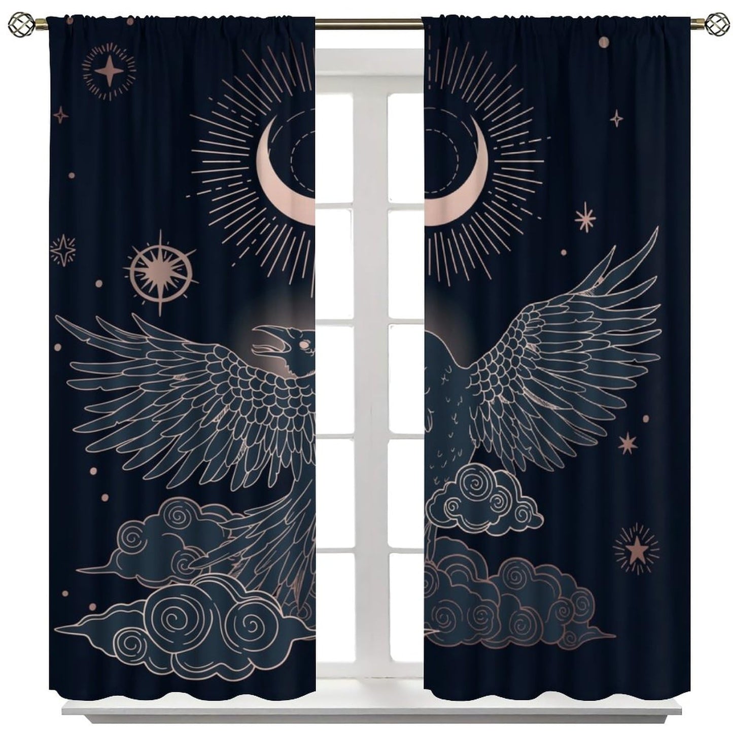 DDCBNS Boho Crow Curtains,Bohemian Style Black Birds Raven Moon Star Print Window Treatments for Bedroom Living Room Kitchen Window Drapes 2 Panel Set,Total Size 42 x 45 Inch